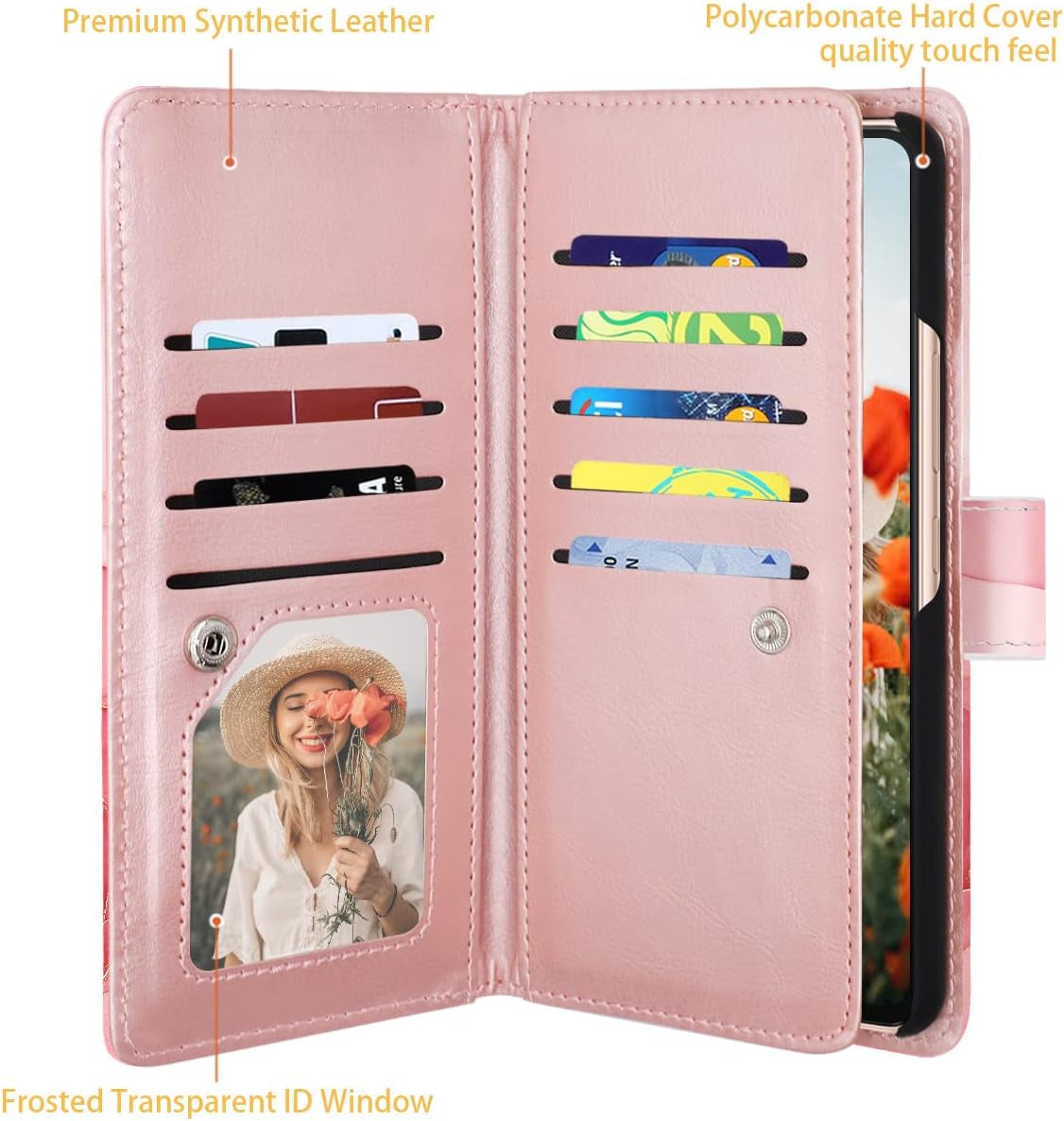 Fingic Compatible with Samsung Galaxy A53 Case Wallet, Rose Gold Marble 9 Card Holder PU Leather Detachable Wrist Strap Wallet Case for Women Cover for Samsung Galaxy A53 5G, Rose Gold