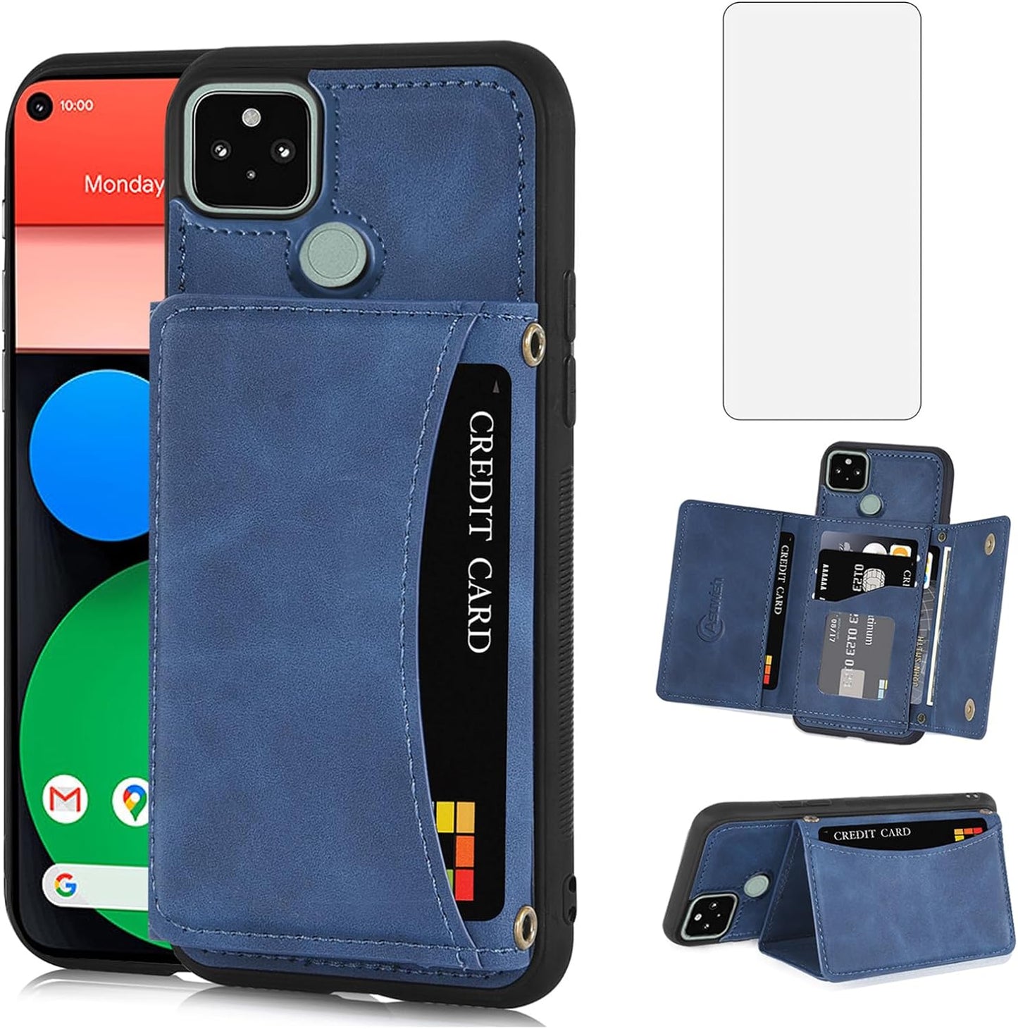 Asuwish Phone Case for Google Pixel 5 Wallet Cover with Tempered Glass Screen Protector and PU Leather Credit Card Holder Stand Rugged Mobile TPU Cell Accessories Pixel5 5G Pixle Five G5 Women Men Red  Asuwish Blue For Pixel 5 / Pixel 5 5G 