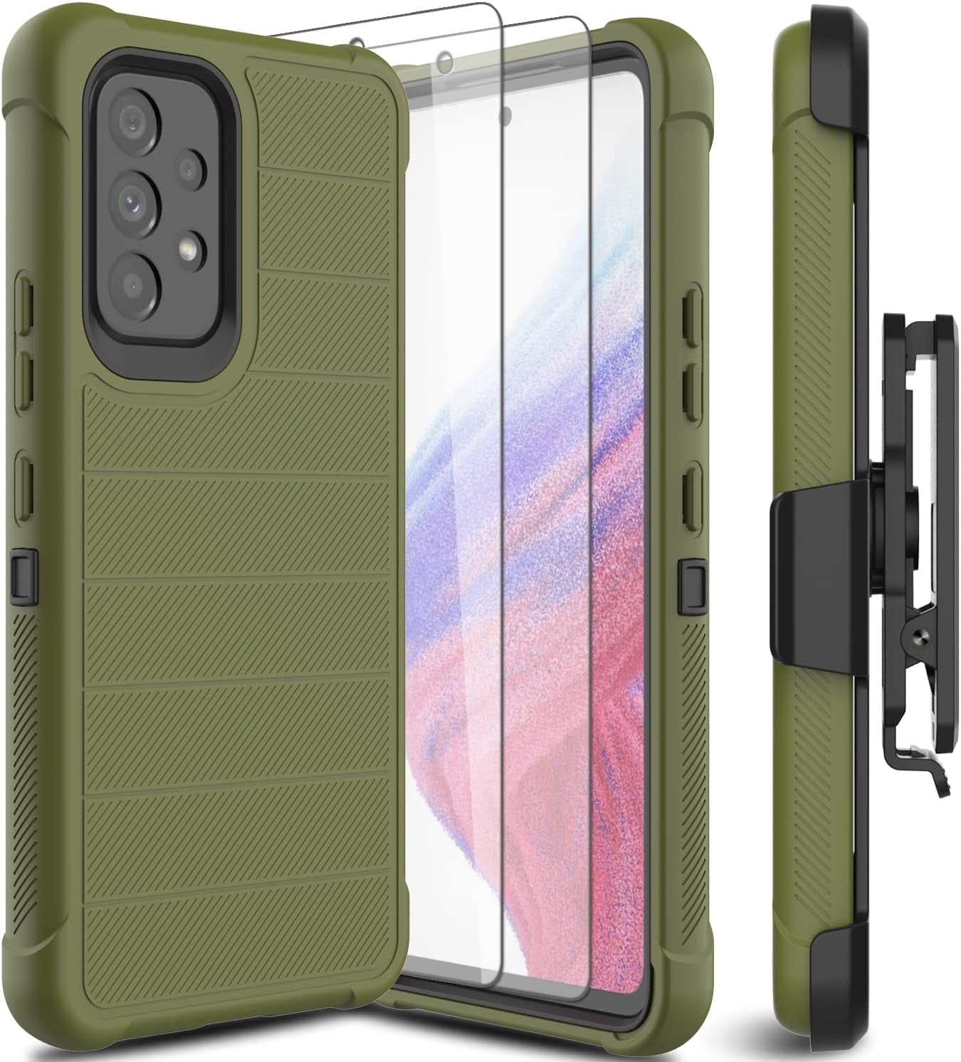 For Samsung Galaxy A53 5G Phone Case with Glass Screen Protector, [Holster Series] Belt Clip Protective Hard Tough Full Heavy Duty Rugged Military Shockproof Armor Cell Phone Cover (Black)