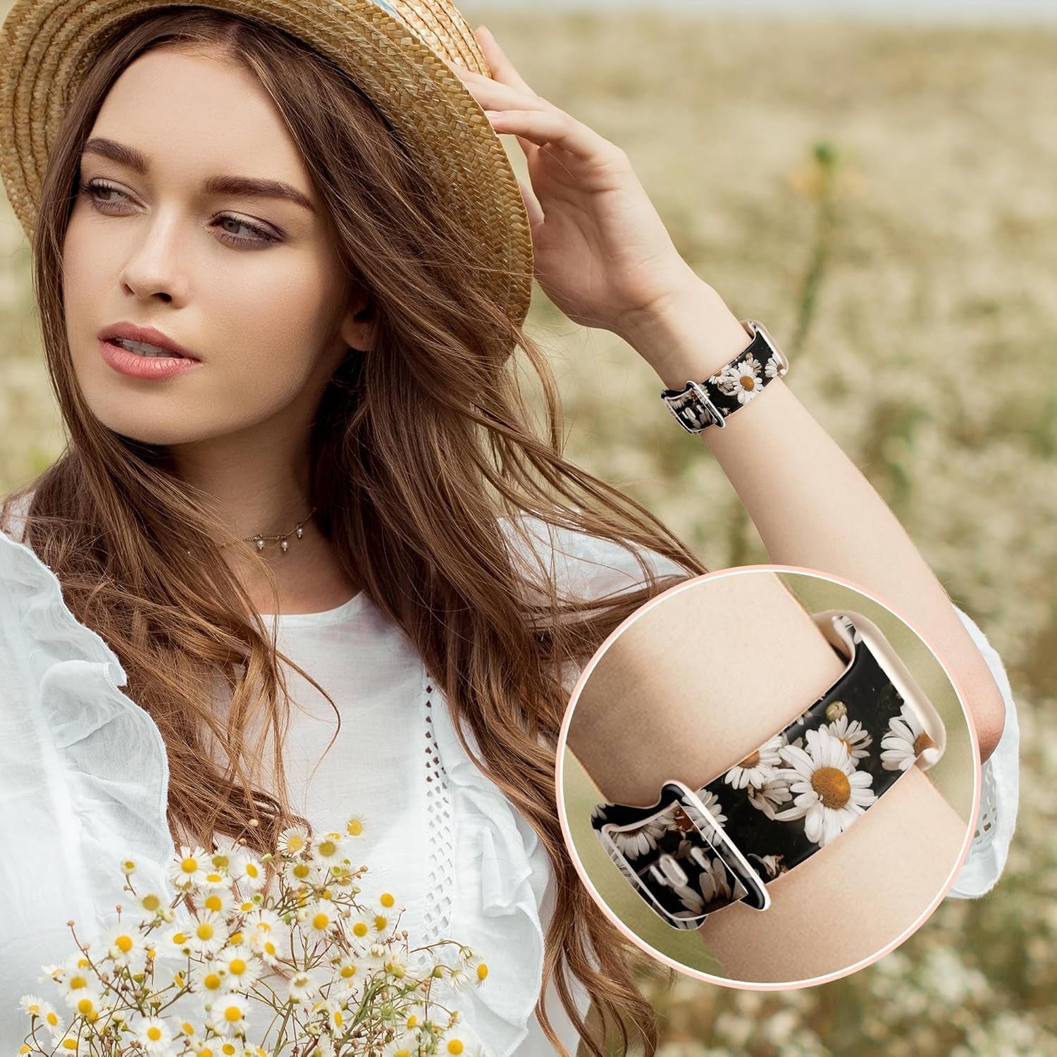 2 Pack Silicone Floral Band for Apple Watch Bands 41Mm 40Mm 38Mm for Women, Cute Flower Printed for Iwatch Bands, Fancy Dressy Soft Sport Strap for Apple Watch Band Series 9 8 7 SE 6 5 4 3