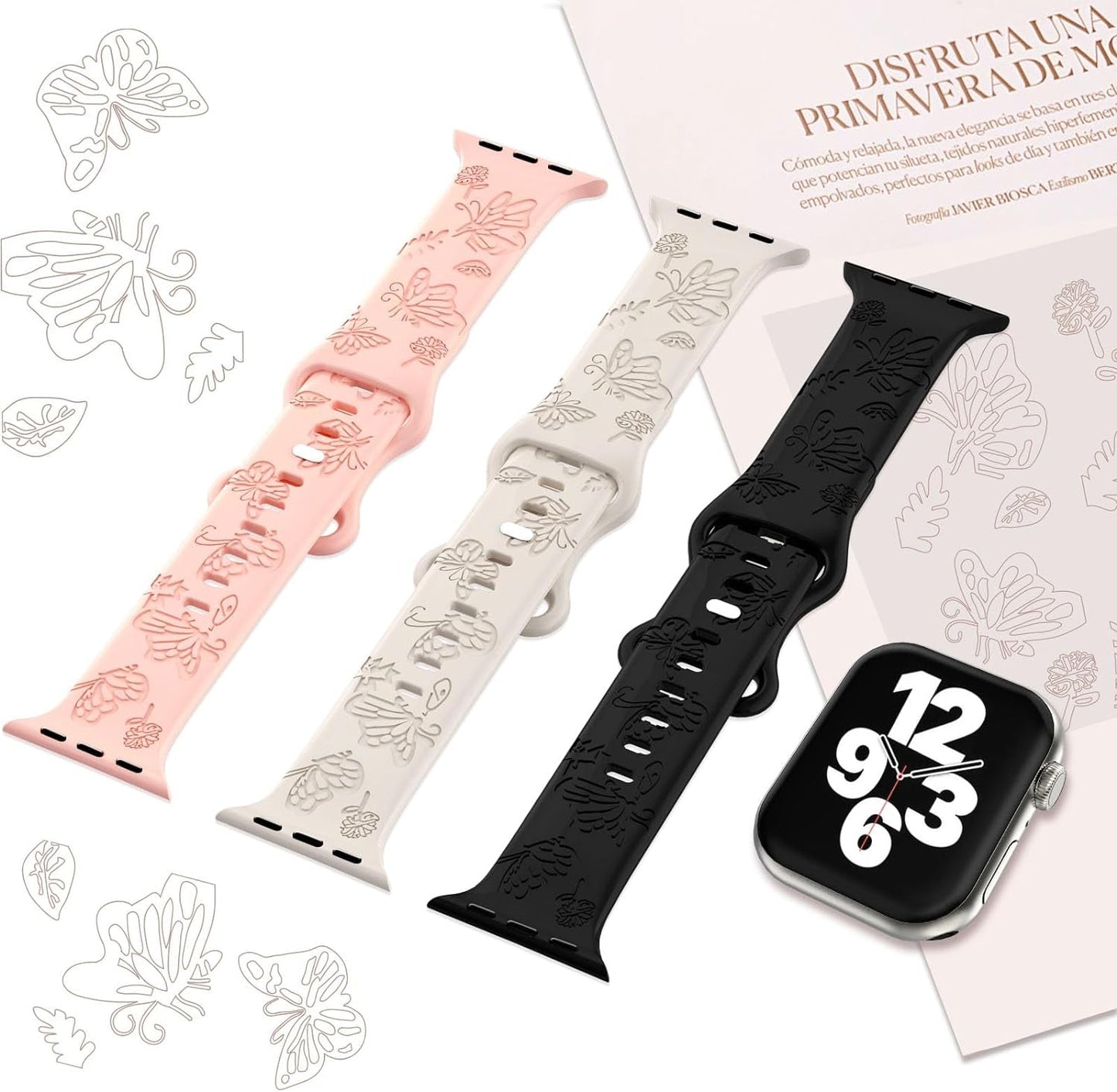 3 Pack Butterfly Floral Engraved Silicone Apple Watch Bands for Women - Soft, Sporty, and Stylish, Fits 38Mm-49Mm Apple Watch/Iwatch Series Ultra/Ultra 2/SE/9/8/7/6/5/4/3/2/1