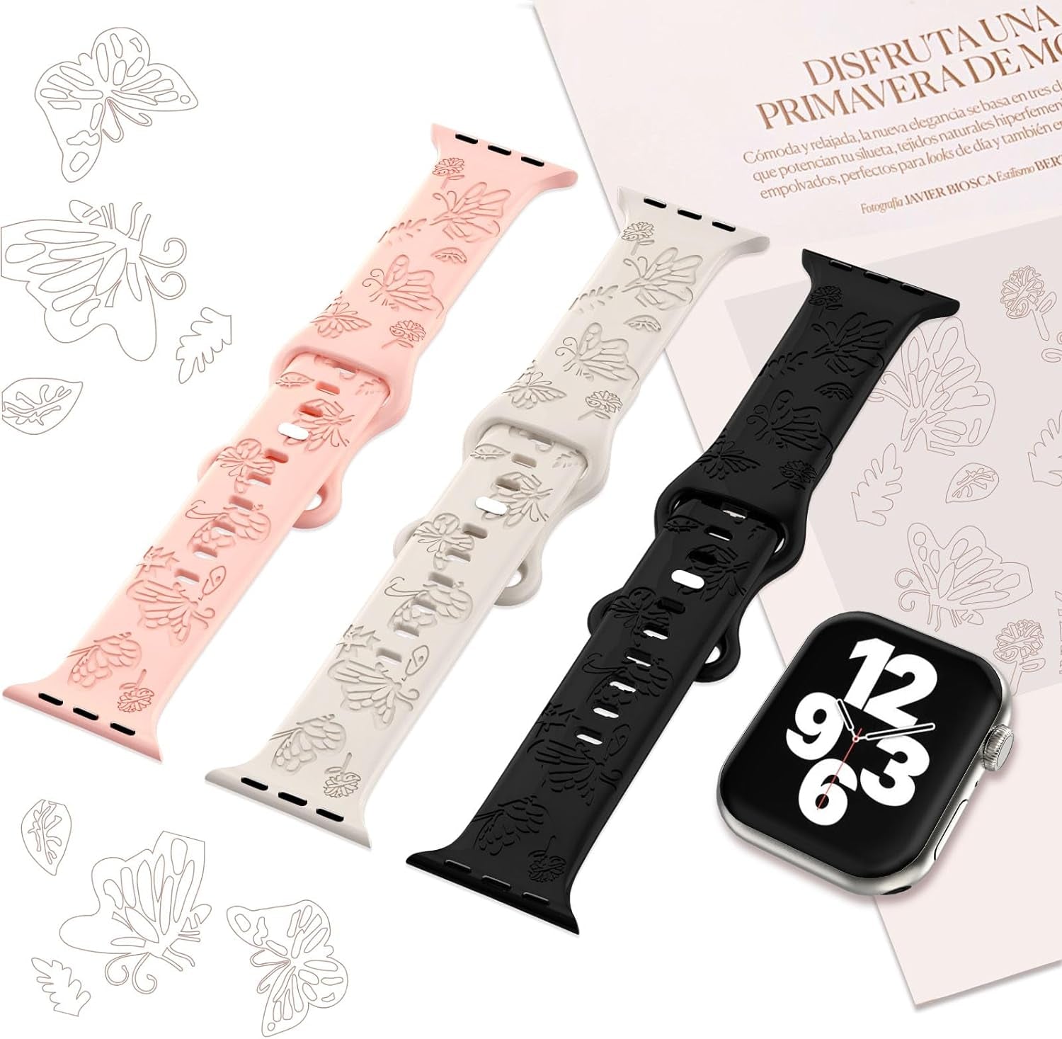3 Pack Butterfly Floral Engraved Silicone Apple Watch Bands for Women - Soft, Sporty, and Stylish, Fits 38Mm-49Mm Apple Watch/Iwatch Series Ultra/Ultra 2/SE/9/8/7/6/5/4/3/2/1