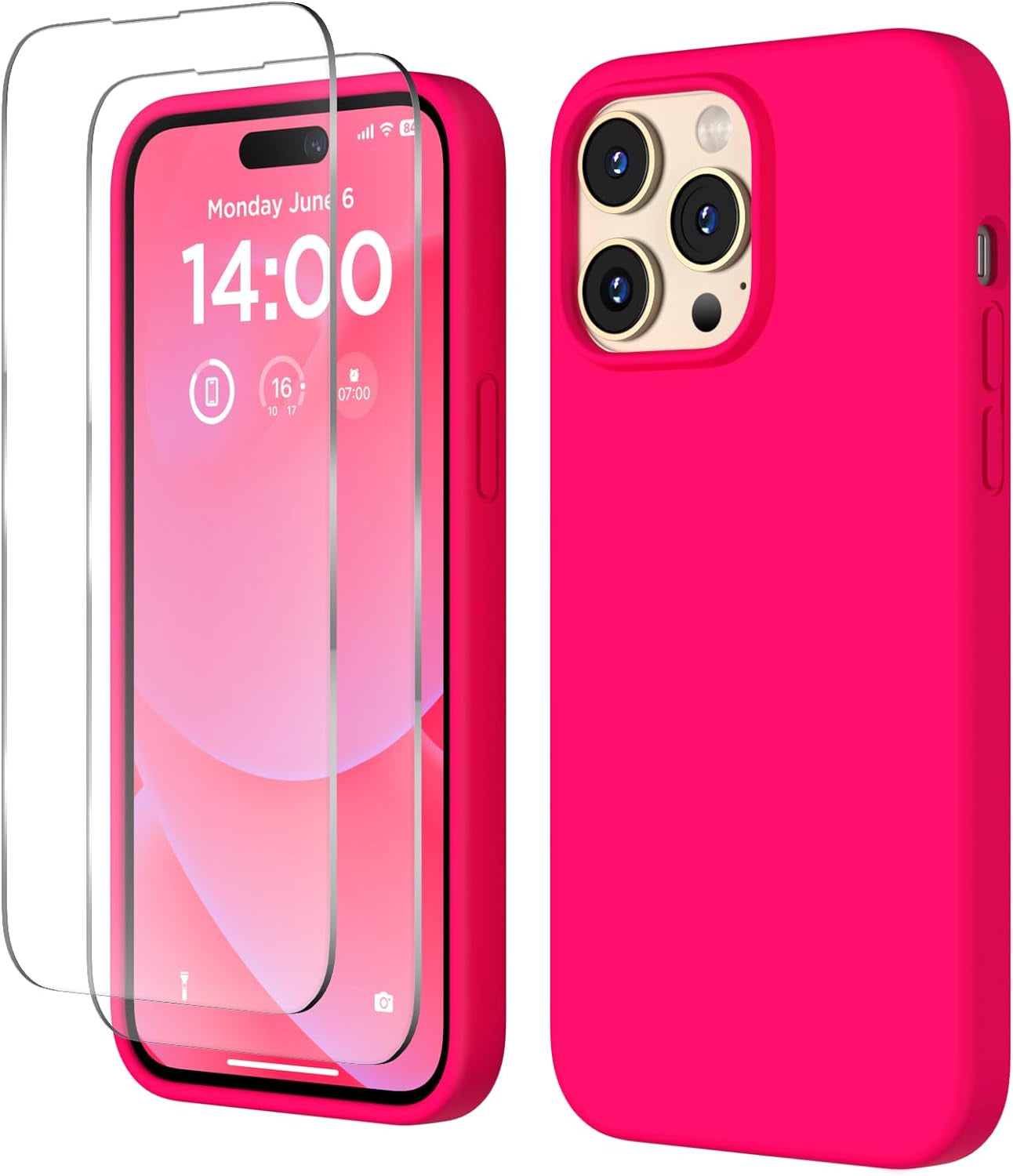 COFFKER Designed for Iphone 14 Pro Max Case, Liquid Silicone Case [2X Screen Protectors], Shockproof Slim Thin Protective Phone Case with Soft Anti-Scratch Microfiber Lining, 6.7 Inch, Calke Green  COFFKER Neon Pink  