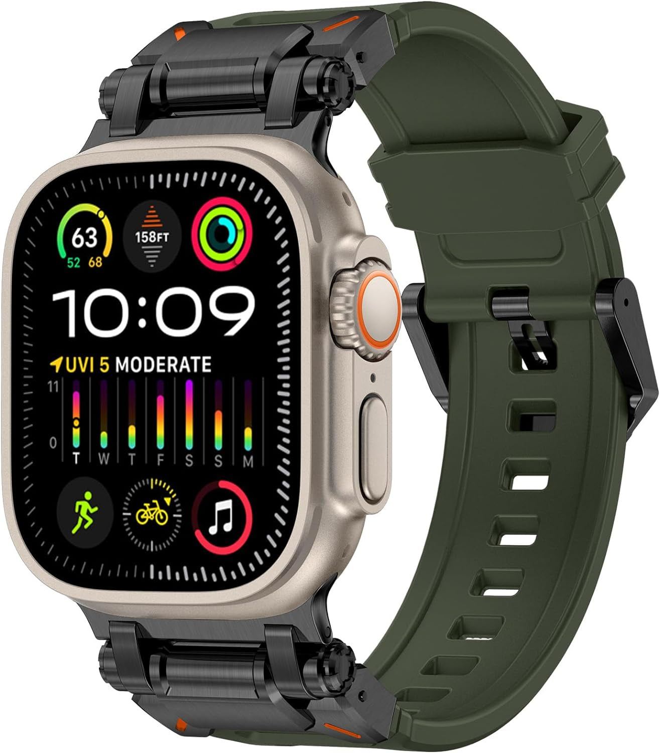 FULLIFE for Apple Watch Band for Apple Watch Ultra Band Apple Watch Ultra 2 49Mm for Men, Silicone Rubber Bands for Series 9/8/SE2/7/6/SE/5/4/3/2/1 45Mm 44Mm 42Mm Stainless Steel Metal Connector Band