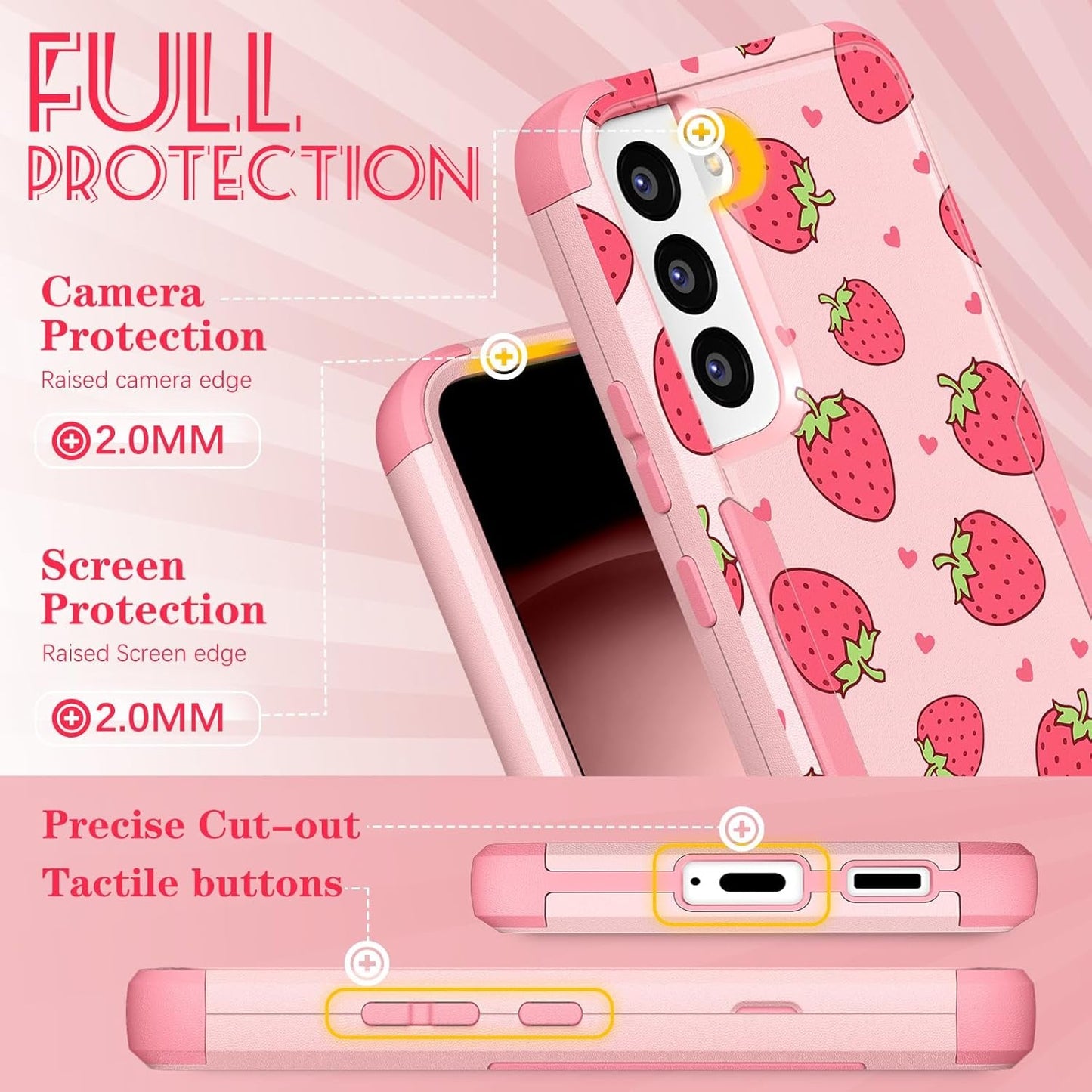 For Samsung Galaxy S22 Case Heavy Duty Protective Designer Strawberry Drop Tested Cute Cases for Men Women Girls Shockproof Protection Rugged Bumper Phone Cover for Galaxy S22 6.1"