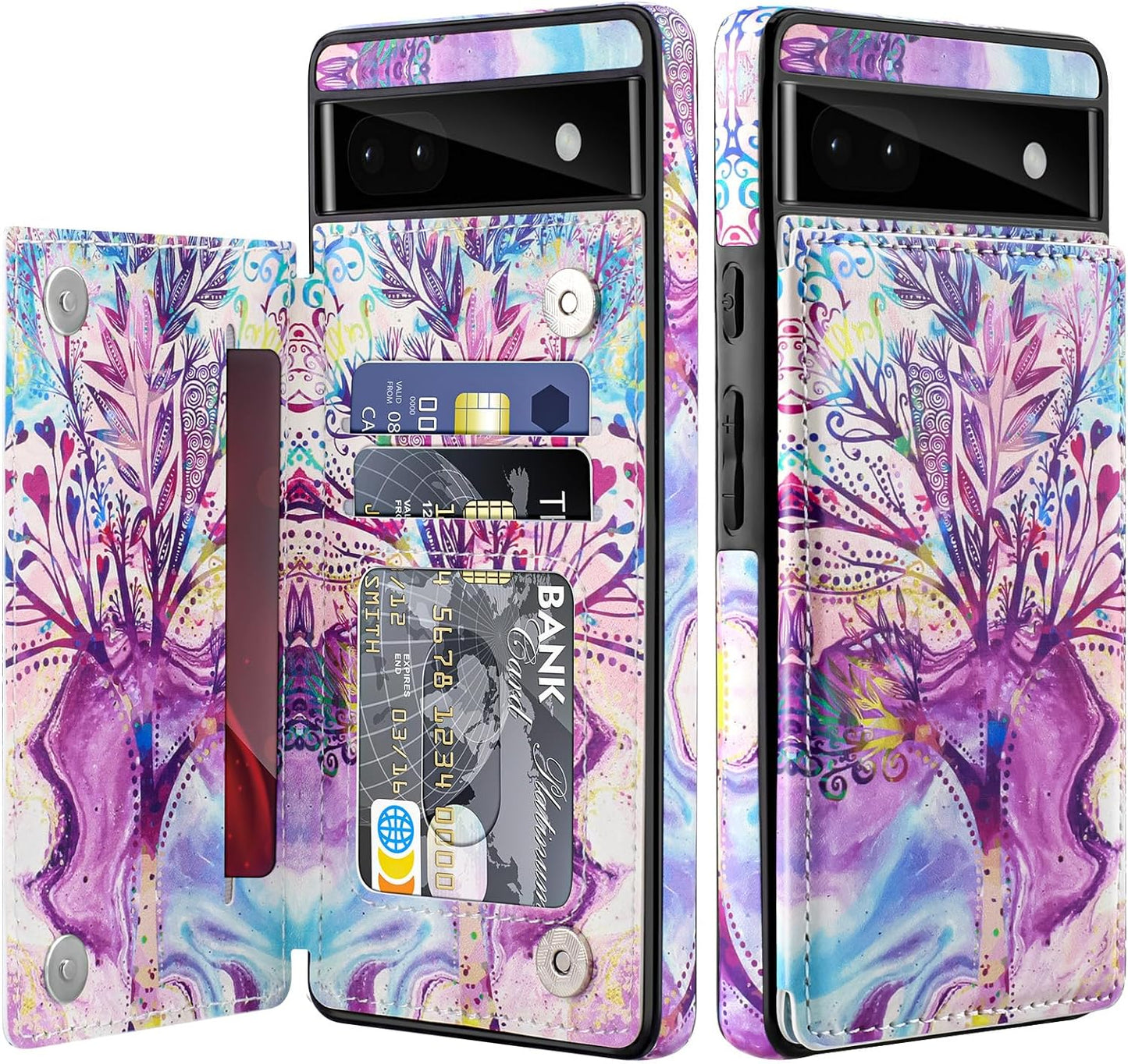 For Google Pixel 6A Case Leather Wallet with Card Holder, Flip Cover Kickstand Card Slots Magnetic Closure Shockproof Heavy Duty Protective Case for Google Pixel 6A 6.1Inch 5G-Rose Gold  Bizzib Tree  