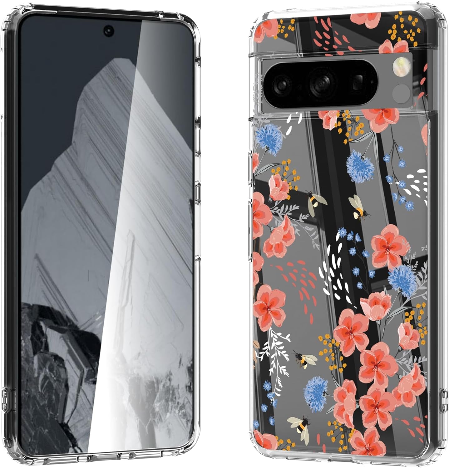 For Google Pixel 8 Clear Case with 3D Flower Printing Design, TPU+PC Slim Shock-Proof Protective Floral Cover for Women Girls, 6.2“ (Pic 5)  YIKECASE B-7 Google Pixel 8 Pro 