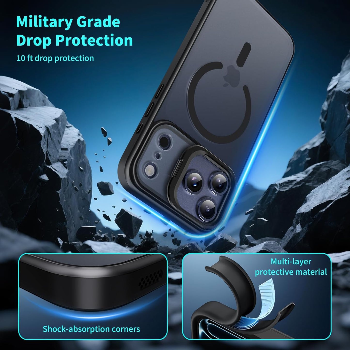 Magnetic for Iphone 17 Pro Max Case with Invisible Stand, Compatible with Magsafe, Military-Grade Drop Protection, Slim Translucent Matte Phone Cover, Black