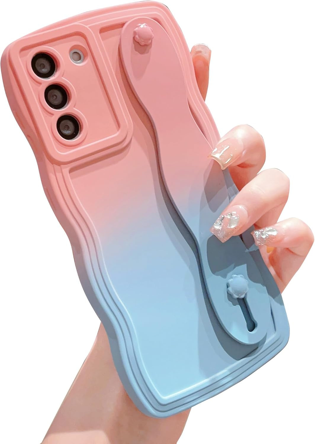 For Samsung Galaxy S22 plus Case with Wrist Strap Stand, Gradient Color Cute Wavy Curly Camera Lens Cover Soft Silicone Samsung S22+ Phone Case Cover 6.6" for Women Men (Hot Pink)