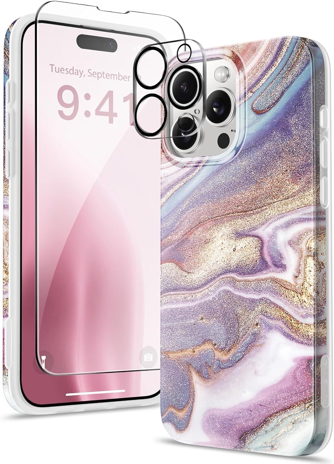 GVIEWIN for Iphone 15 Pro Case with Screen Protector+Camera Lens Protector, [Military Grade Drop Protection] Slim Marble Design Soft TPU Protective Phone Cover for 15 Pro 6.1" (Flowing Sand/Ink)  GVIEWIN Flowing Sakura/Pink  