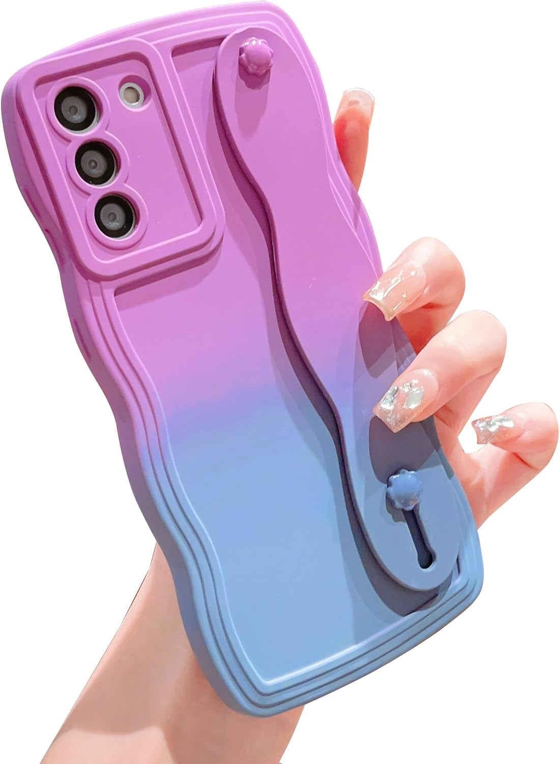 For Samsung Galaxy S22 plus Case with Wrist Strap Stand, Gradient Color Cute Wavy Curly Camera Lens Cover Soft Silicone Samsung S22+ Phone Case Cover 6.6" for Women Men (Hot Pink)