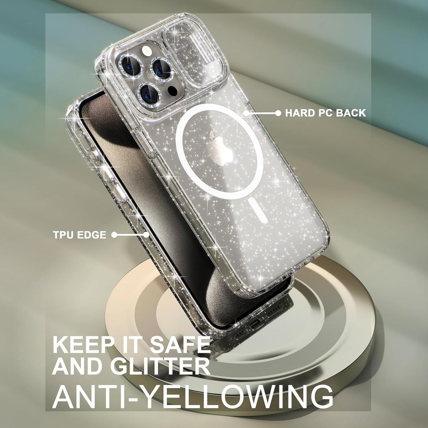 Choiche Magnetic Case for Iphone 15 Pro Case, Women Clear Glitter Sparkly Case, [Slide Camera Cover & 3 Diamond Camera Lens Protectors & 2 Screen Protectors] [Compatible Magsafe] (Glitter Clear)  Choiche   