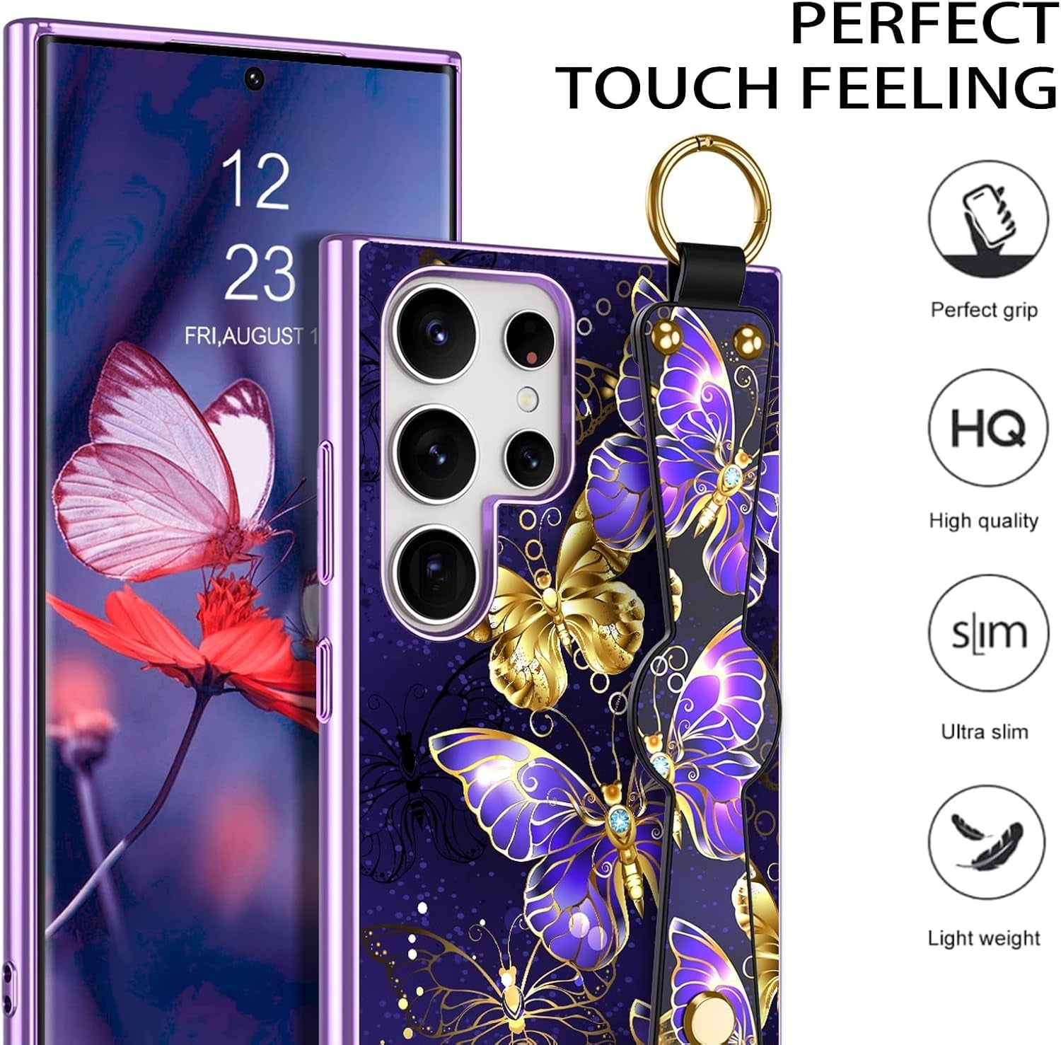 DUEDUE for Samsung Galaxy S22 Ultra Case, Glow in the Dark Butterfly Slim Cover with Hand Strap Hybrid Hard PC anti Slip Shockproof Full Protective Phone Case for Galaxy S22 Ultra 6.8", Purple