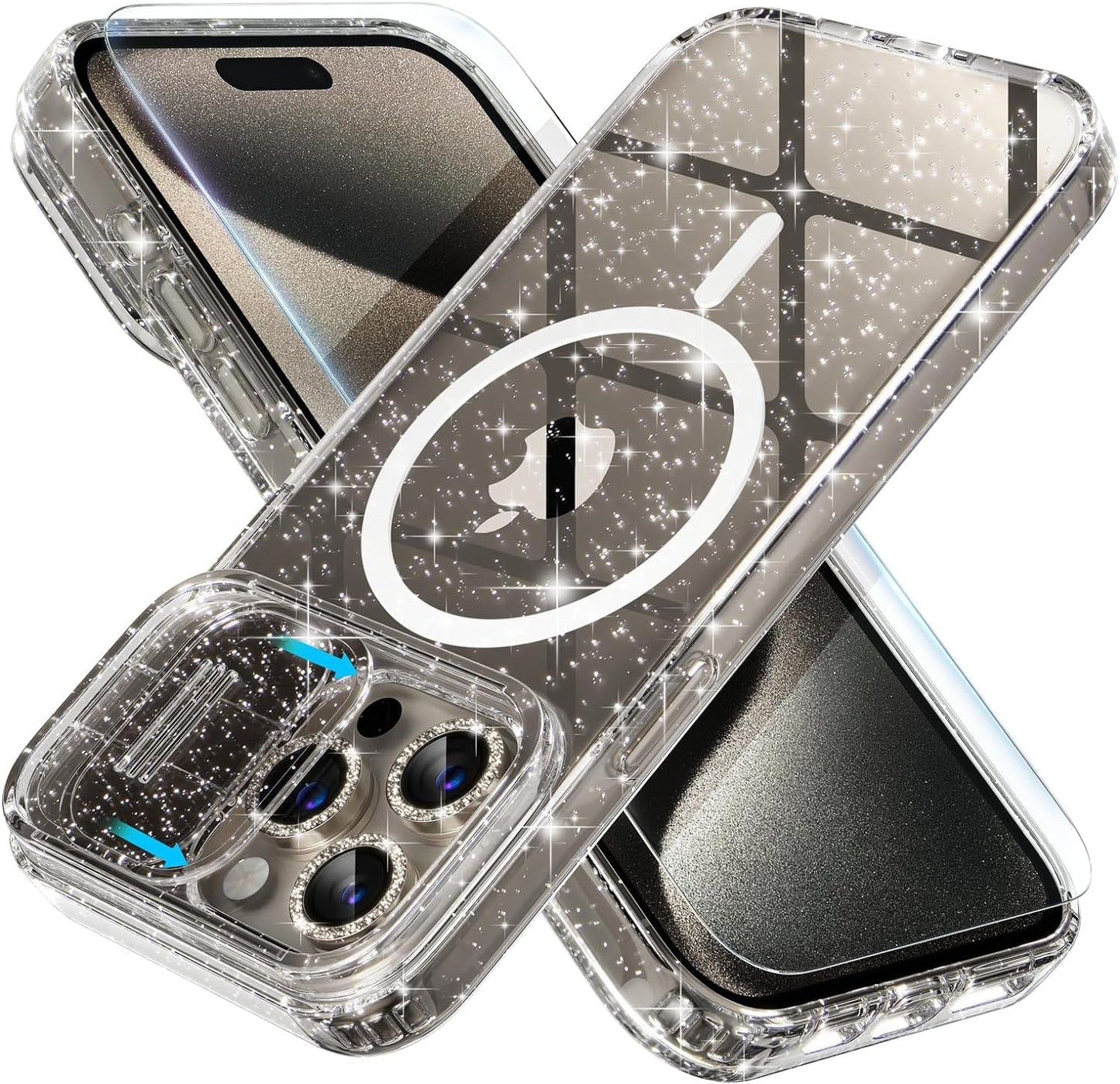 Choiche Magnetic Case for Iphone 15 Pro Case, Women Clear Glitter Sparkly Case, [Slide Camera Cover & 3 Diamond Camera Lens Protectors & 2 Screen Protectors] [Compatible Magsafe] (Glitter Clear)  Choiche   