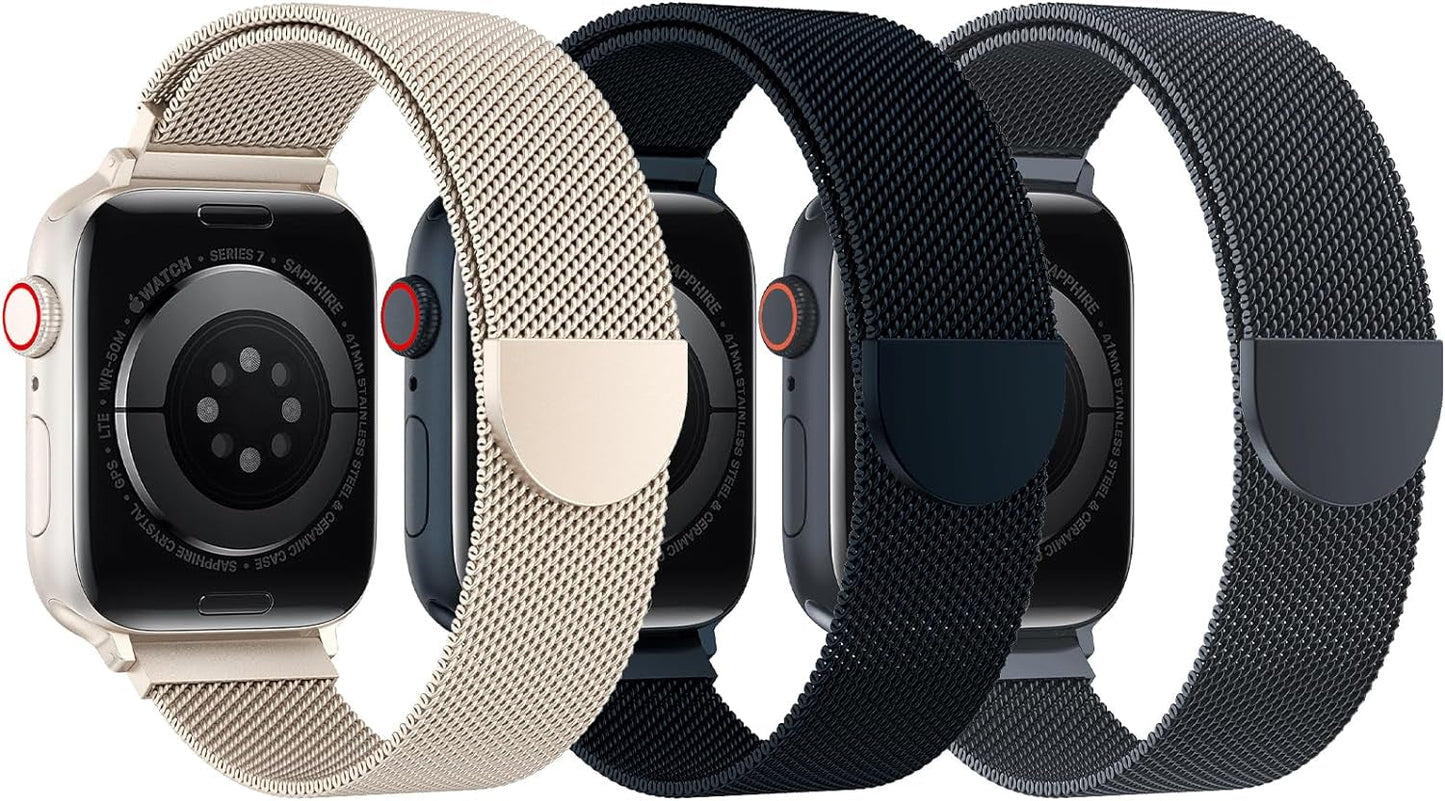 BELONGME 3 Pack Mesh Loop Compatible with Apple Watch Band 40Mm 41Mm 38Mm 42Mm 44Mm 45Mm 49Mm Series Ultra SE 9 8 7 6 5 4 3 2 1 Women Men, Stainless Steel Metal Strap Magnetic Clasp for Iwatch Bands