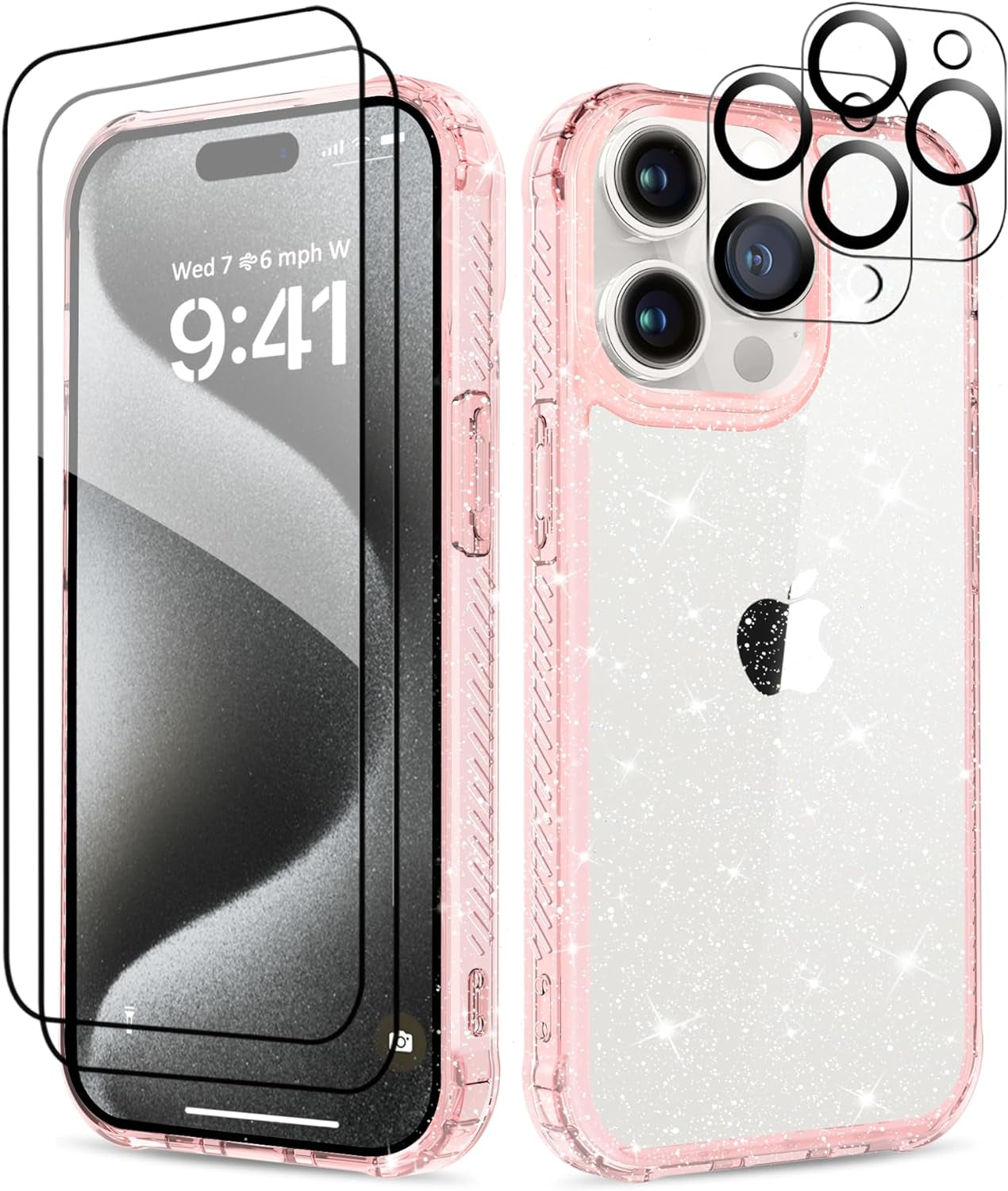 MIODIK Case Compatible with Iphone 15 Pro Clear Glitter, 2Pcs Screen Protector + 2Pcs Camera Protector, Women Cute [Military-Grade Protective] [Anti-Yellowing] Slim Cover 6.1" 2023 (Sparkle Black)  MIODIK   
