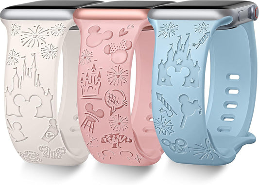 3 Pack Cartoon Engraved Band Compatible with Apple Watch Bands 40Mm 44Mm 41Mm 38Mm 45Mm 42Mm 49Mm Women,Cute Pattern Strap Soft Silicone Wristbands for Iwatch Series 8 7 6 SE 5 4 3 2 1 Ultra