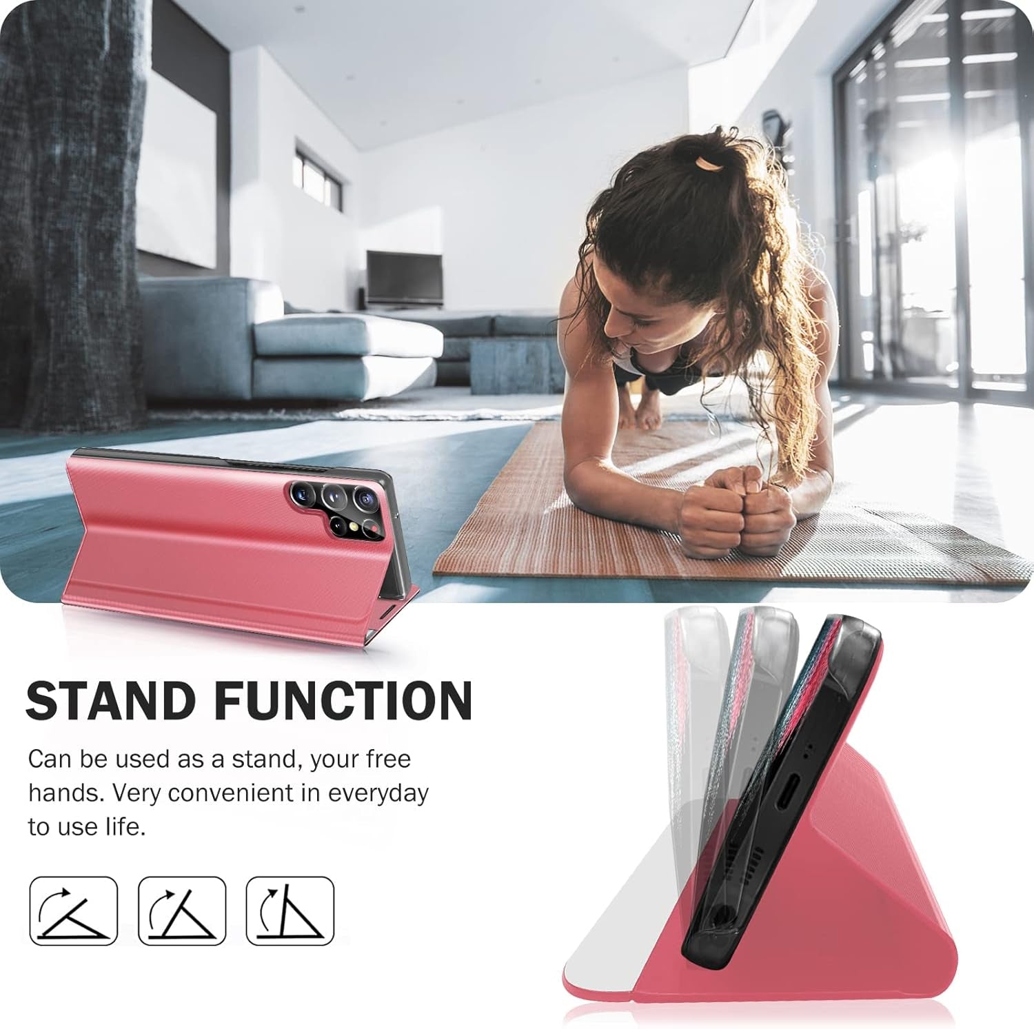 For Samsung Galaxy S22 Ultra 5G Case View Clear Window Leather for Samsung S22 Ultra Case Slim Mirror Hard PC Kickstand Luxury Flip Shockproof Galaxy S22 Ultra Cover Protective (Pink)