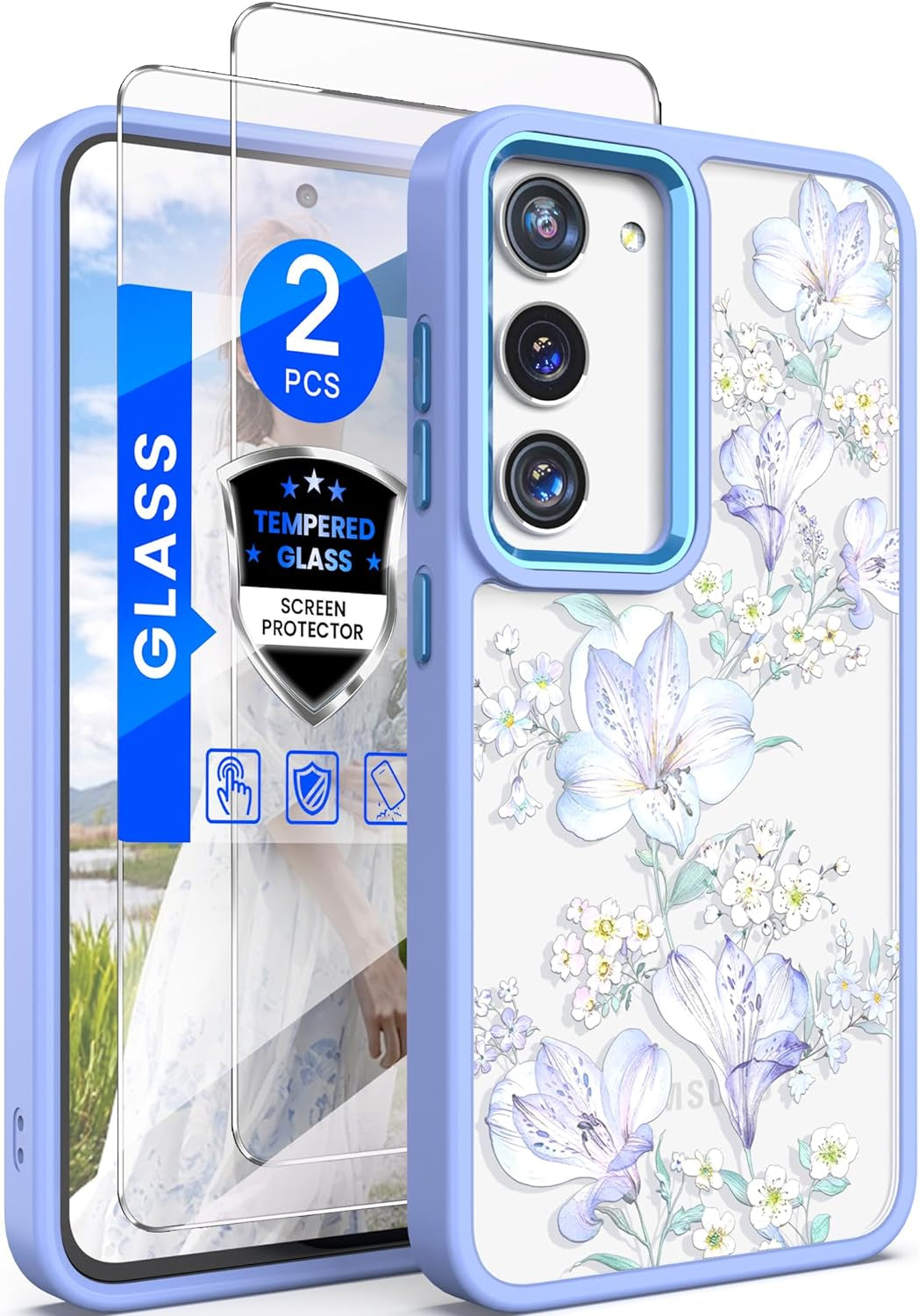 Dretal for Samsung Galaxy S22 5G Case Floral, Military Grade Drop Tested Hard Back & Soft Edge Slim Flower Women Girls Phone Protective Cover + Tempered Glass Screen Protector (Deep Purple)