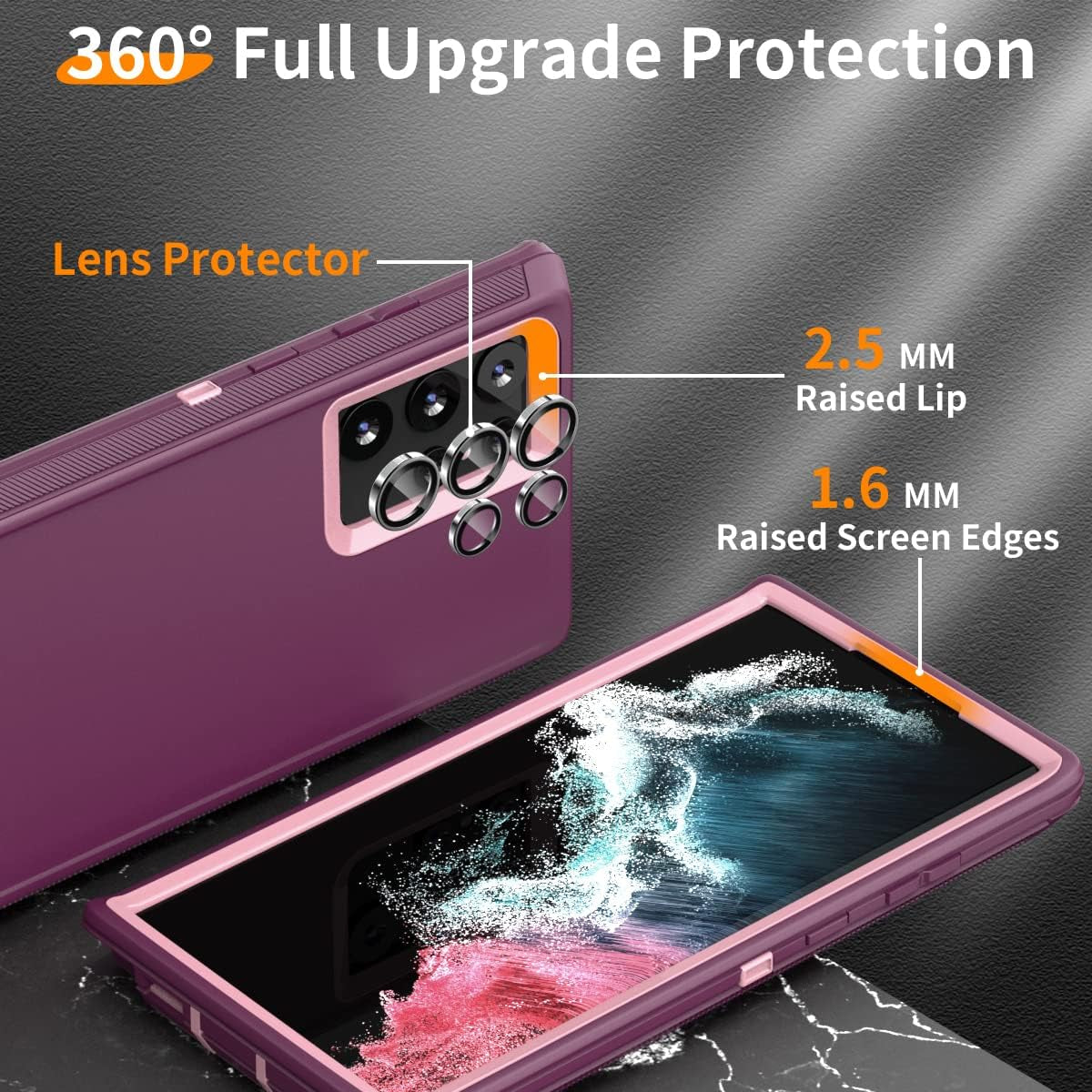 FEIYAR HOME Case for Samsung Galaxy S22 Ultra Case, with Tempered Glass Camera Lens Protector, Rugged Heavy Duty Case for Galaxy S22 Ultra, Wine Pink