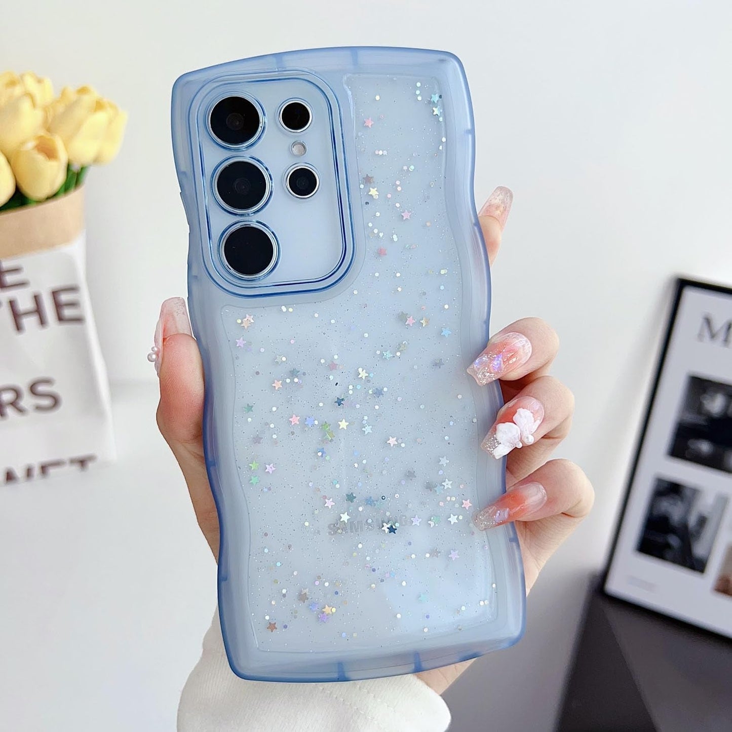 Compatible with Galaxy A53 5G Case for Women Girls Glitter Sparkly Bling Camera Lens Protector Cute Curly Wave Frame Shockproof Protective Cover Phone Case for Samsung Galaxy A53 5G(BLUE)