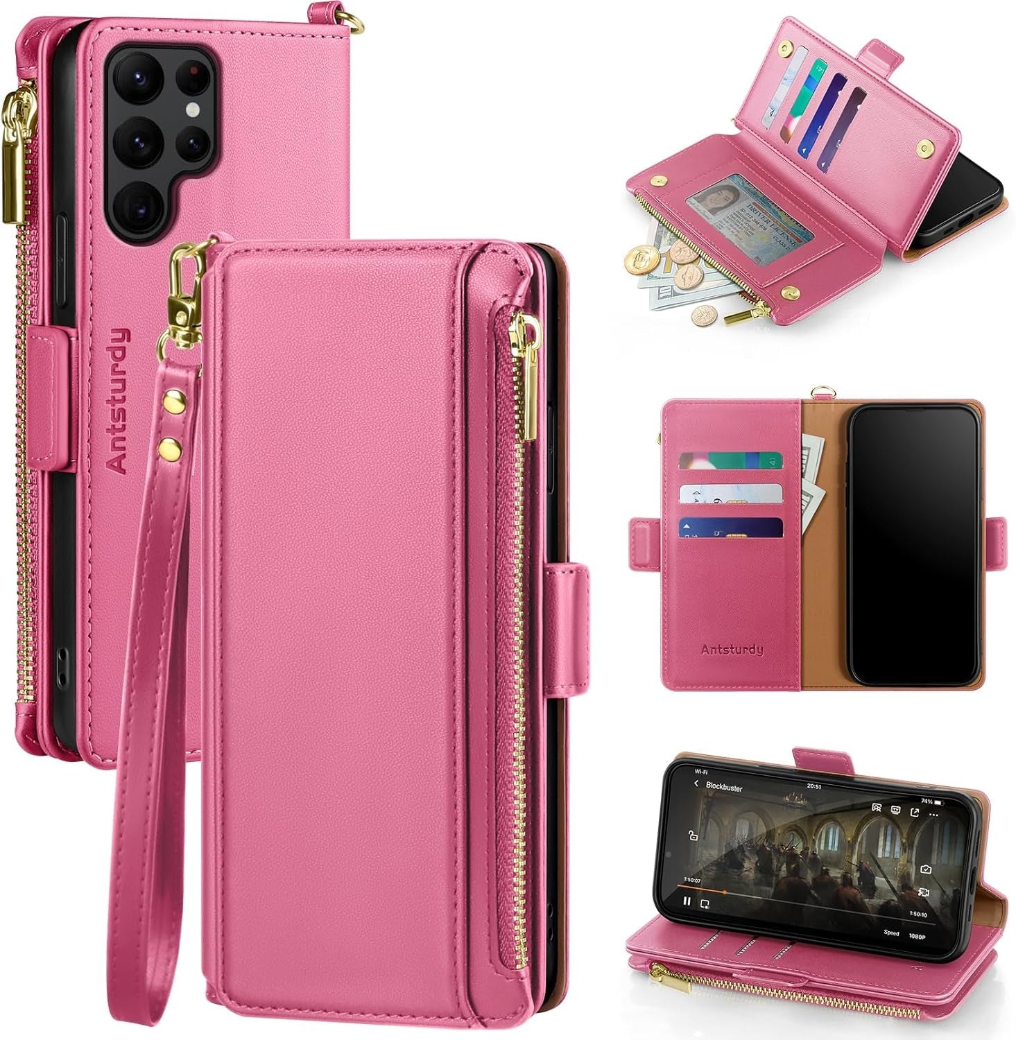 Antsturdy Samsung Galaxy S22 Ultra Wallet with Card Holder for Women Men,Galaxy S22 Ultra 5G Phone Case RFID Blocking PU Leather Flip Shockproof Cover with Strap Zipper Credit Card Slots,Dark Blue