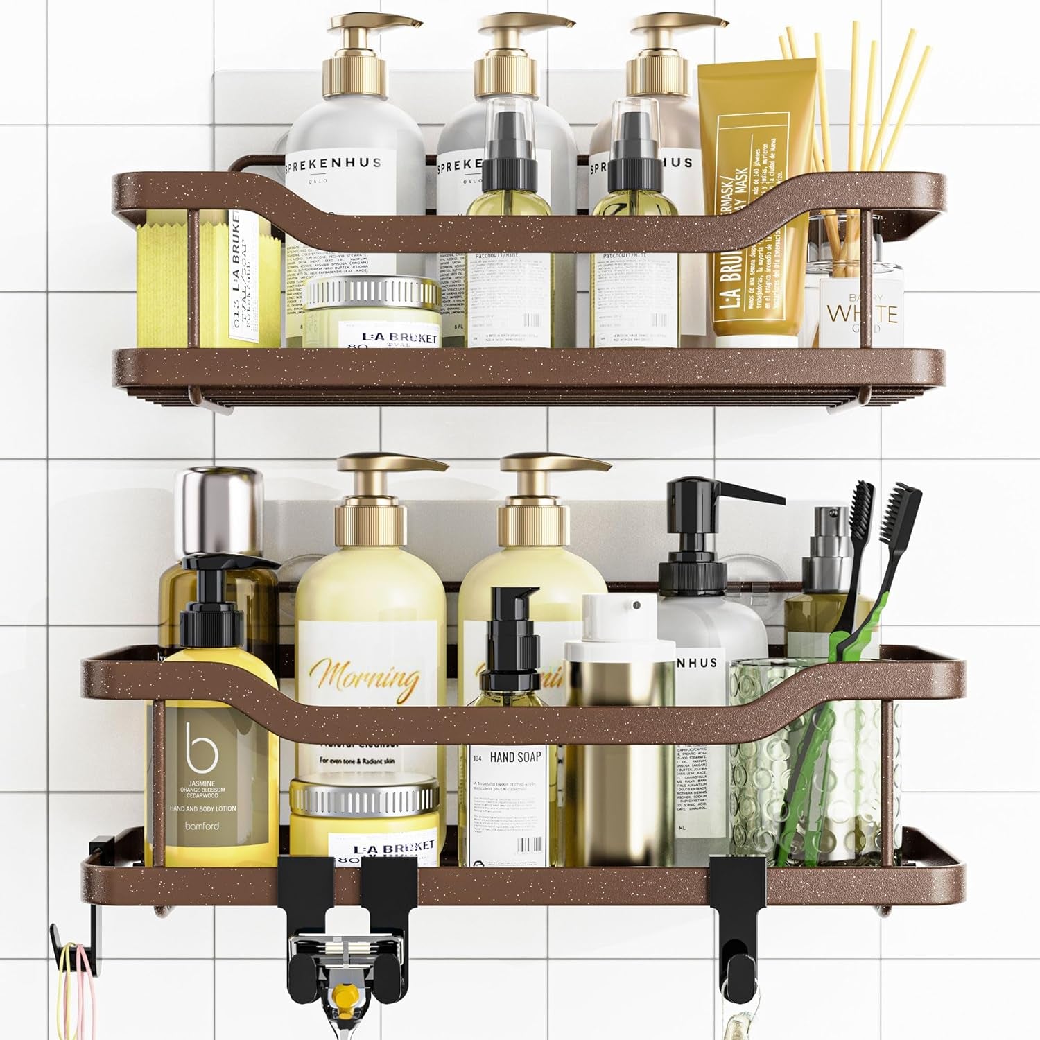 OMAIRA Shower Caddy, 2-Pack Adhesive Shower Organizer, No Drilling Rustproof 304 Stainless Steel Shower Shelves for inside Shower & Bathroom Organizer, Matte Black(X-Large)  OMAIRA 2 Pack Brown-Xl  