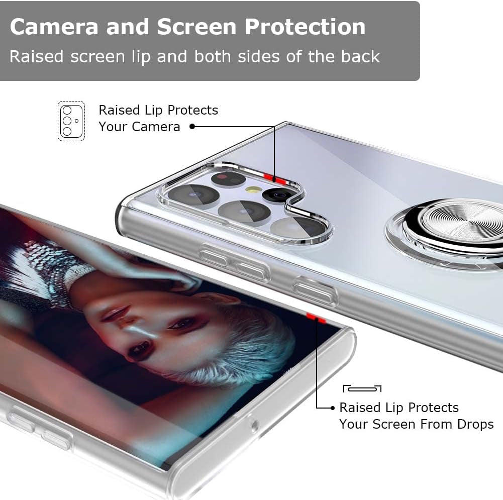 Galaxy S22 Ultra Case, Clear Body Soft TPU Shockproof Case with 360 Degree Rotation Ring Kickstand(Work with Magnetic Car Mount) for Samsung Galaxy S22 Ultra (Clear)