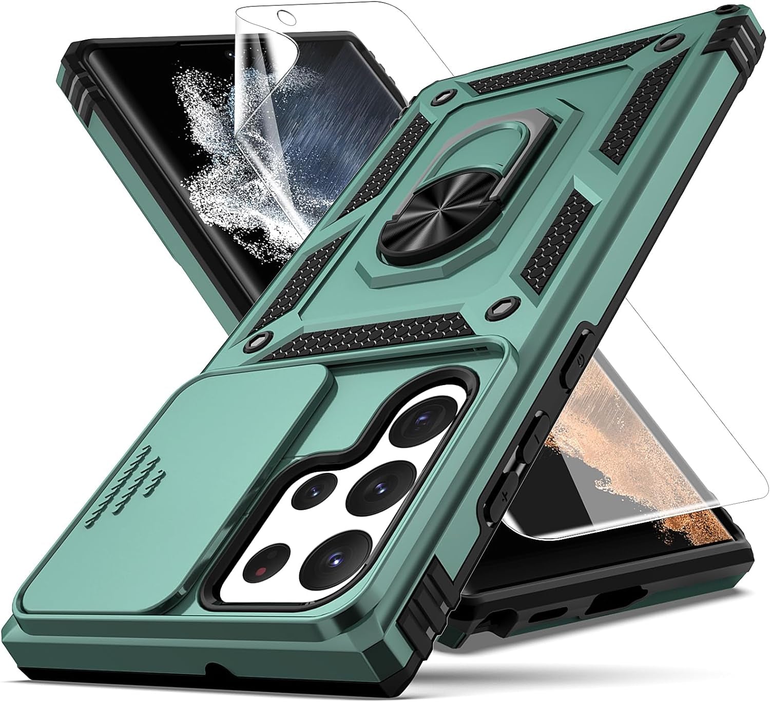 For Samsung Galaxy S22 Ultra Case,With Camera Lens Cover HD Screen Protector,[Military Grade] Ring Car Mount Kickstand Hybrid Hard PC Soft TPU Shockproof Protective Case for Galaxy S22 Ultra, Red