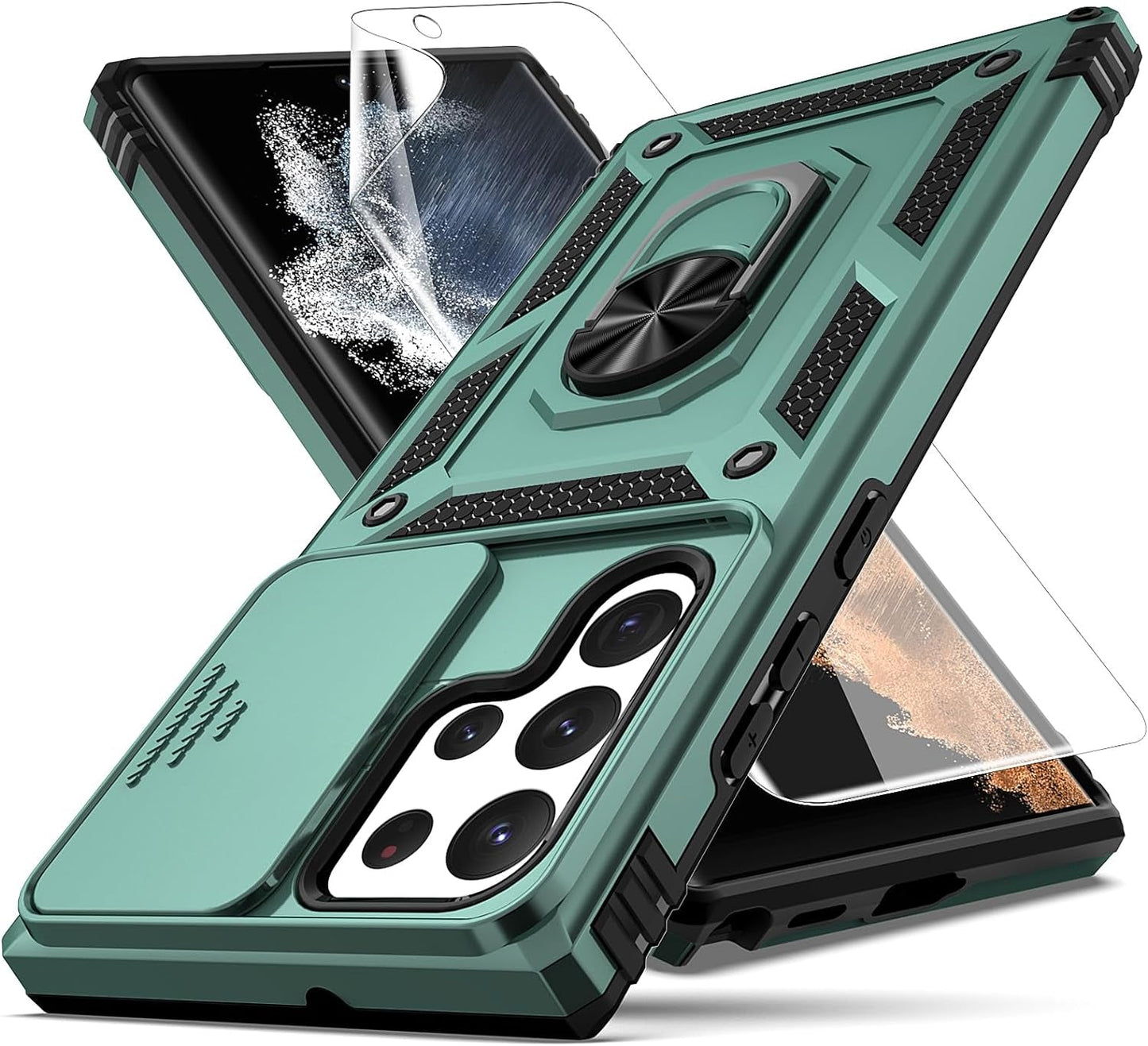 For Samsung Galaxy S22 Ultra Case,With Camera Lens Cover HD Screen Protector,[Military Grade] Ring Car Mount Kickstand Hybrid Hard PC Soft TPU Shockproof Protective Case for Galaxy S22 Ultra, Red