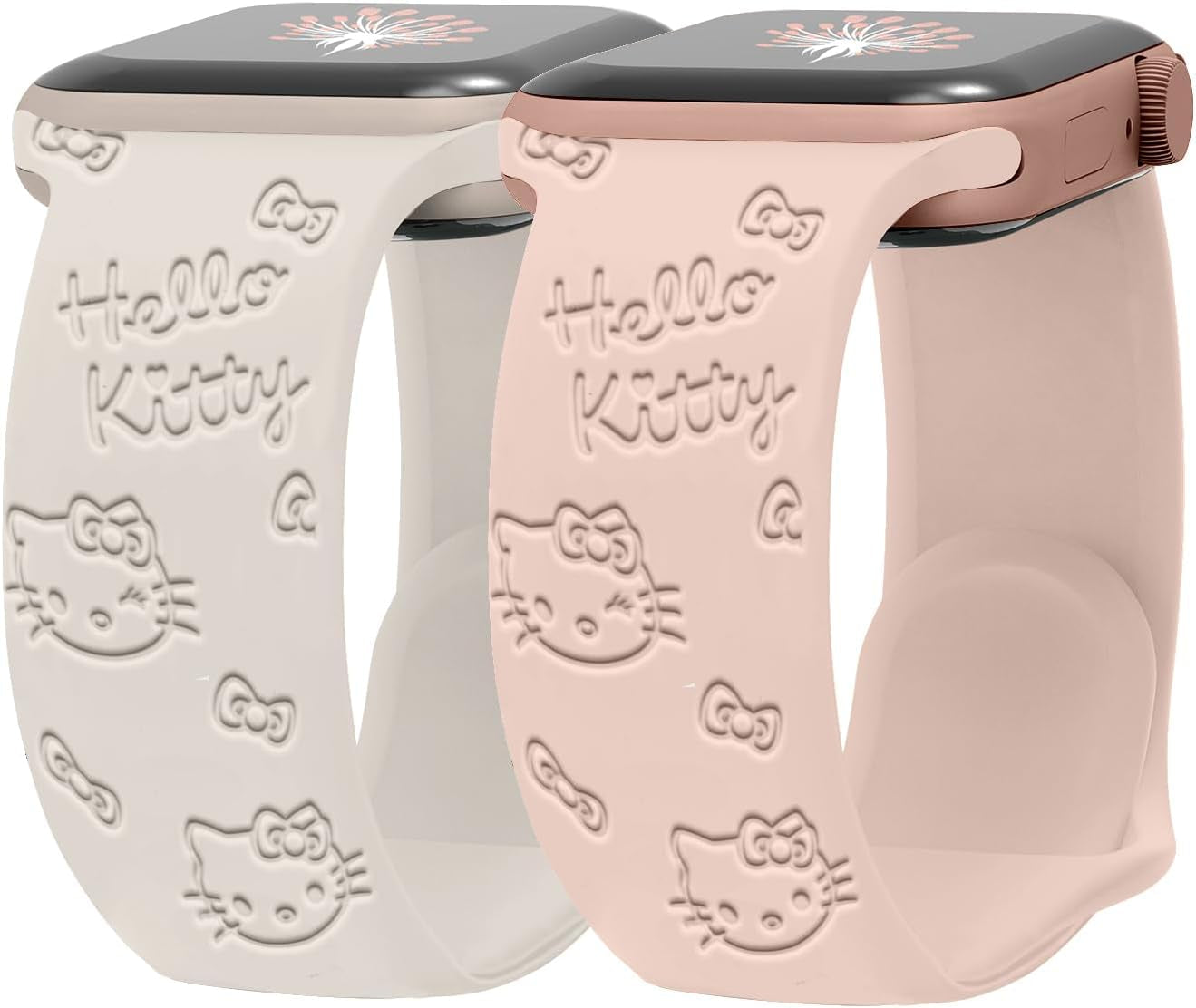 2 Packs Cartoon Kitty Engraved Bands Compatible with Apple Watch Bands 38Mm 40Mm 41Mm 44Mm 45Mm 42Mm 49Mm Women, Cute Cat Design Soft Silicone Sport Girls Strap for Iwatch Series 9/8/7/6/5/4/3/2/1/Se/Ultra/Ultra2