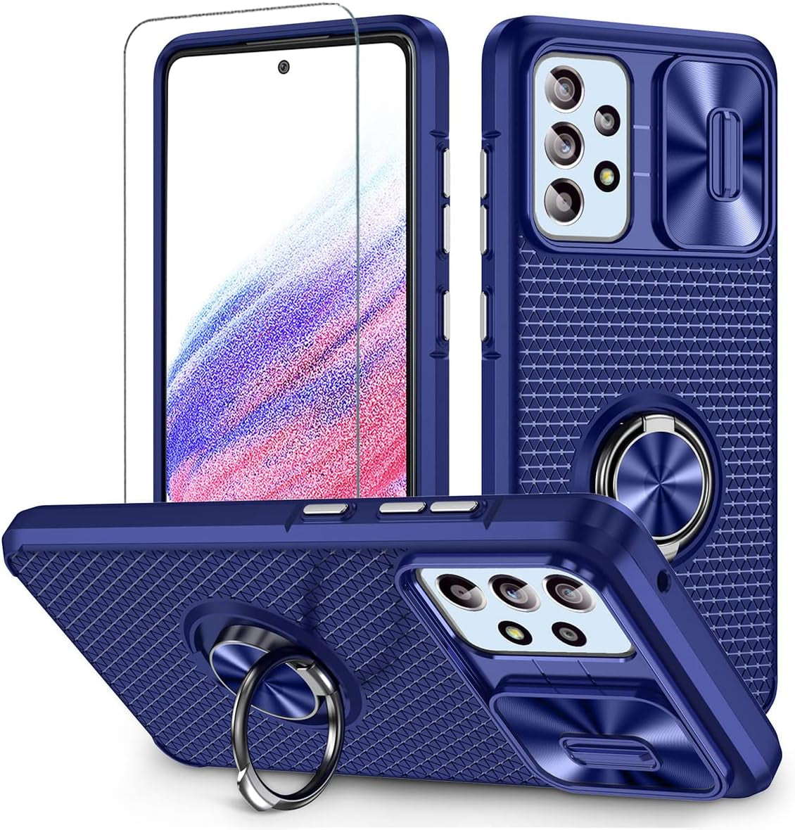 Design for Samsung Galaxy A53 5G Phone Case with Screen Protector + Slide Camera Protection Cover + Ring Holder Stand, Built-In Magnetic Kickstand Shockproof Protective Phone Cases for Women Men Blue