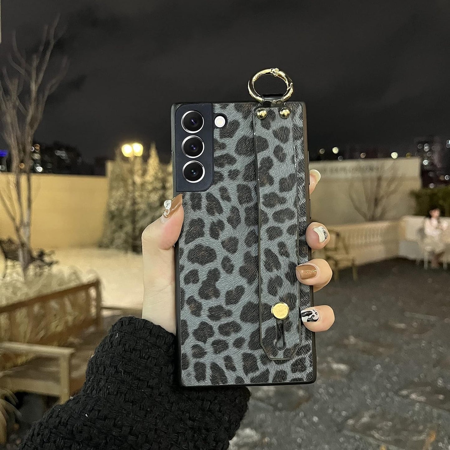 For Galaxy S22 Plus, Leopard Print Pattern Luxury Design with Hand Strap Kickstand Stylish Leather Back Soft Slim Phone Cover Protective Trunk Case for Samsung Galaxy S22 plus 5G 2020