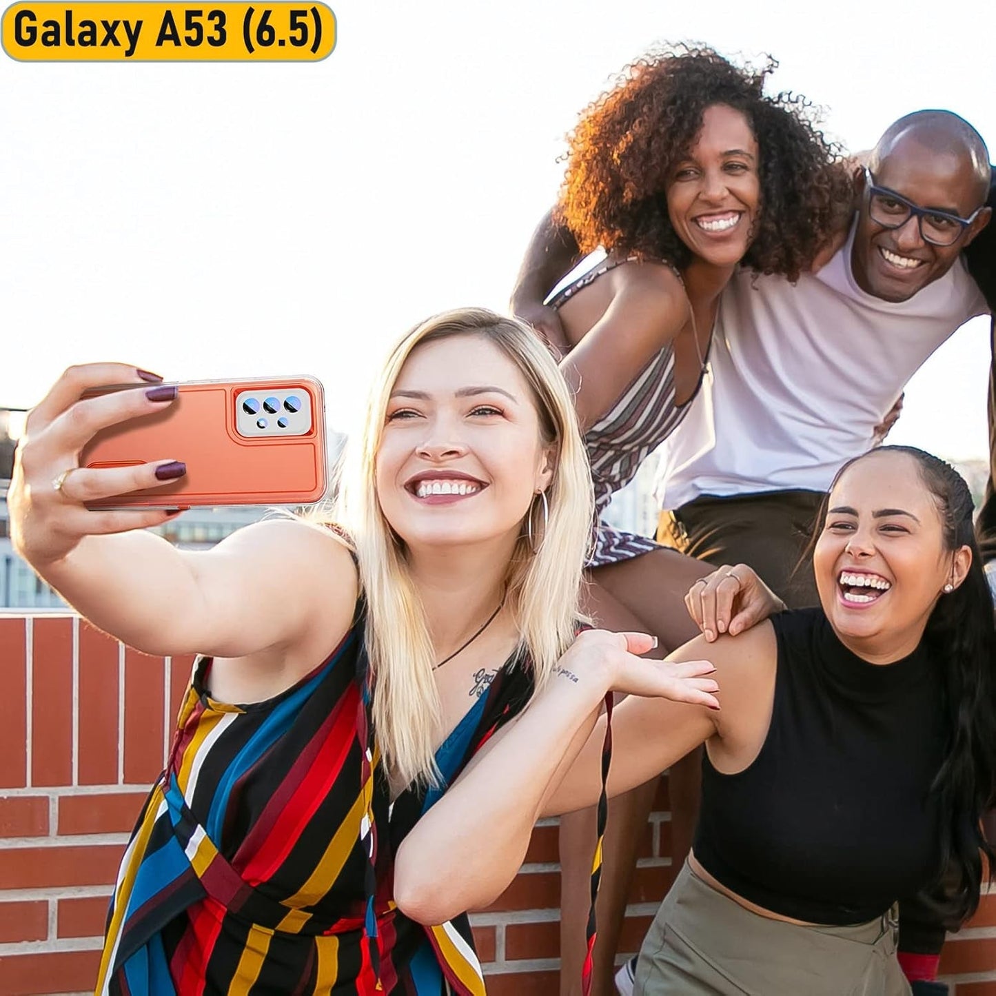 Case Is Specially Designed for Galaxy A53(5G) 6.5 Inch, Full Body Protection Heavy Duty Shock Absorbing 3 in 1 Silicone Rubber Built-In Stand with 2 Tempered Screen Protectors-Orange/Clear