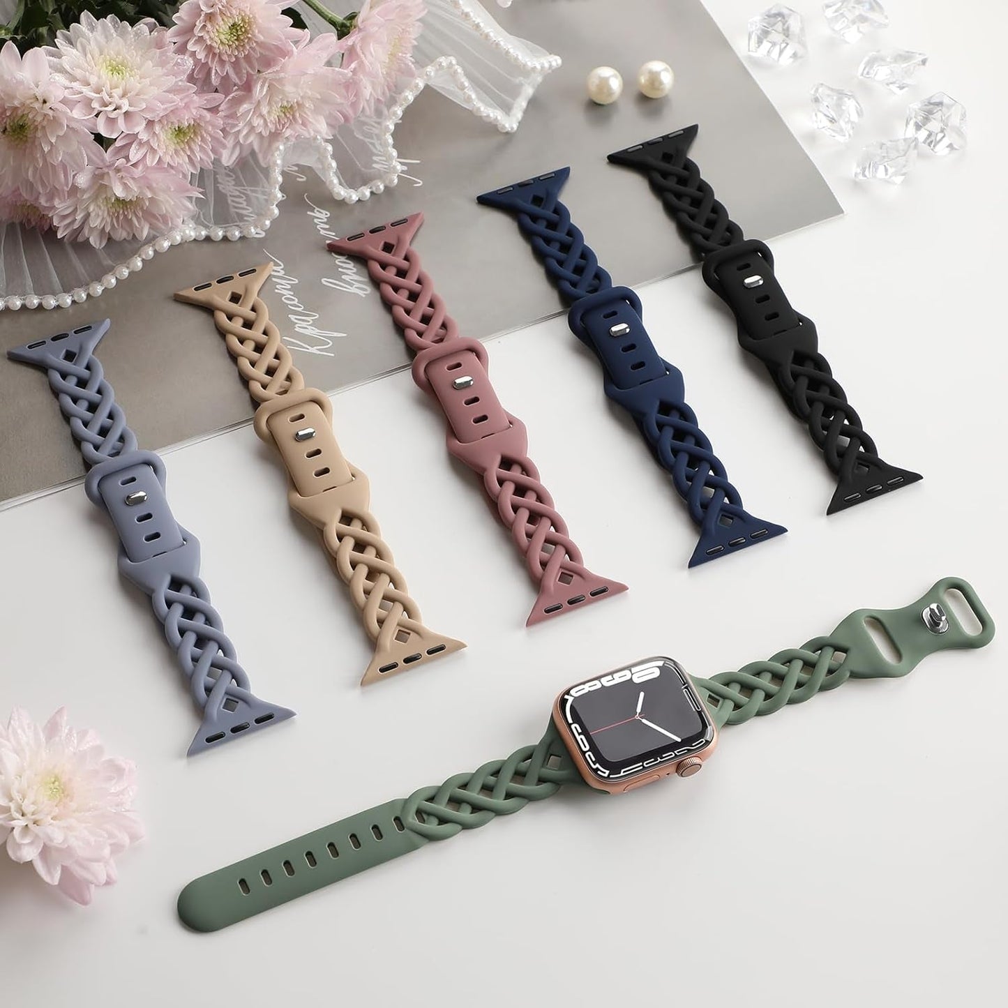 6 Pack Braided Silicone Bands Compatible with Apple Watch Band/Iwatch Bands Women 38Mm 40Mm 41Mm 44Mm 45Mm, Slim Replacement Strap Breathable Sport Wristband for Iwatch Series 9 SE 8/7/6/5/4/3/2/1