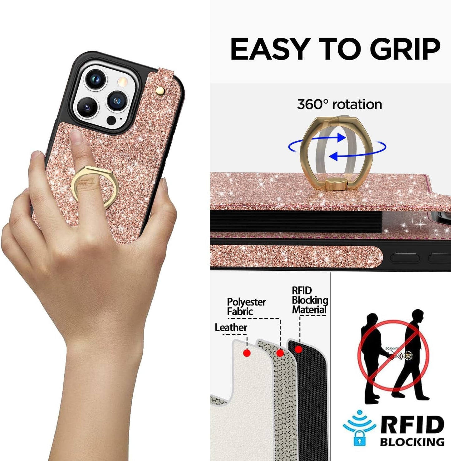 Aicase Card Holder Case Compatible with Iphone 15 Pro Max, Wallet Phone Case Glitter Sparkly Protective Cover for Women with Ring Kickstand and 8 Credit Card Slots, Rose Gold  AICase   