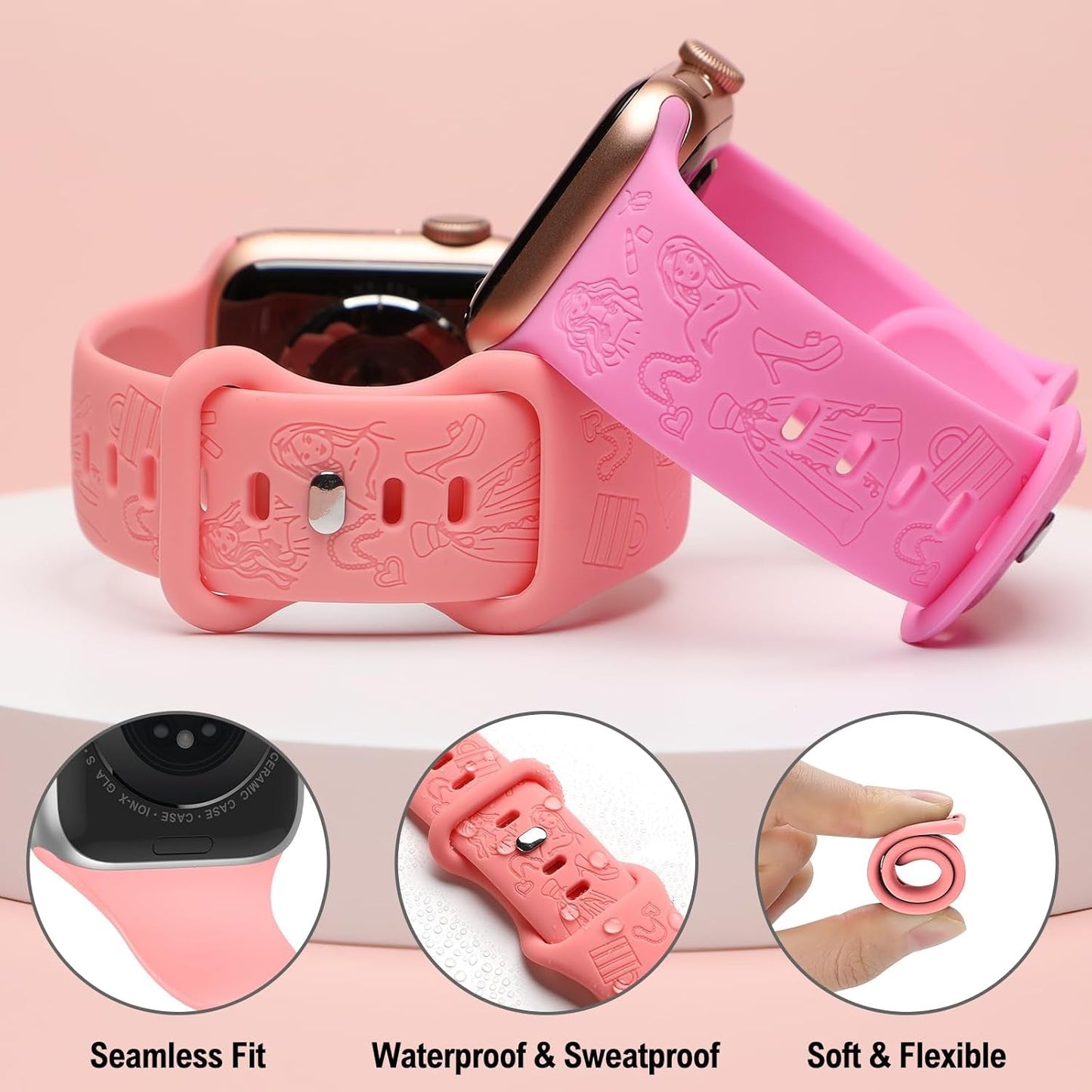 6 Packs Cartoon Engraved Bands Compatible with Apple Watch Band 40Mm 38Mm 44Mm 45Mm 49Mm 42Mm Women, Designer Silicone Cute Soft Strap for Apple Watch Ultra 2 Iwatch Series 9 8 7 SE 6 5 4 3 2 1