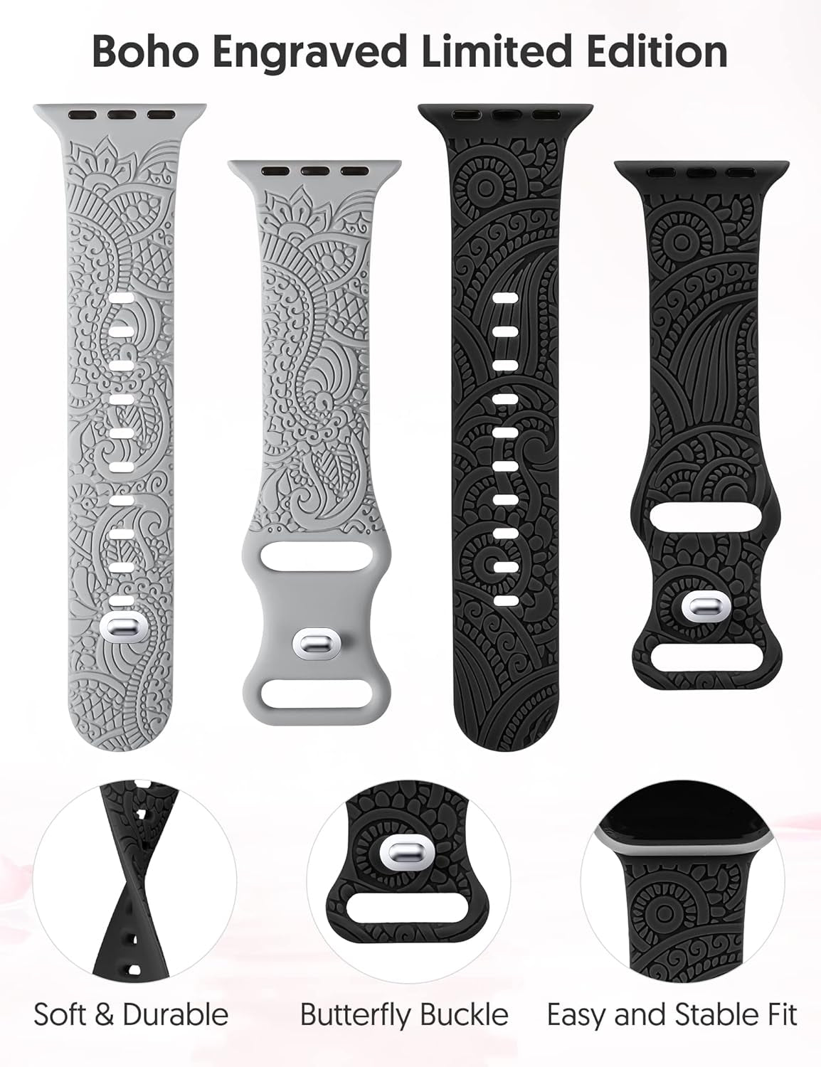 2 Packs Boho Engraved Bands Compatible with Apple Watch Bands 41Mm 40Mm 38Mm 45Mm 44Mm 42Mm 49Mm Women Girls Men, Silicone Sport Fancy Dressy Cute Strap for Iwatch Series 9/Ultra/Se/8/7/6/5/4/3/2/1