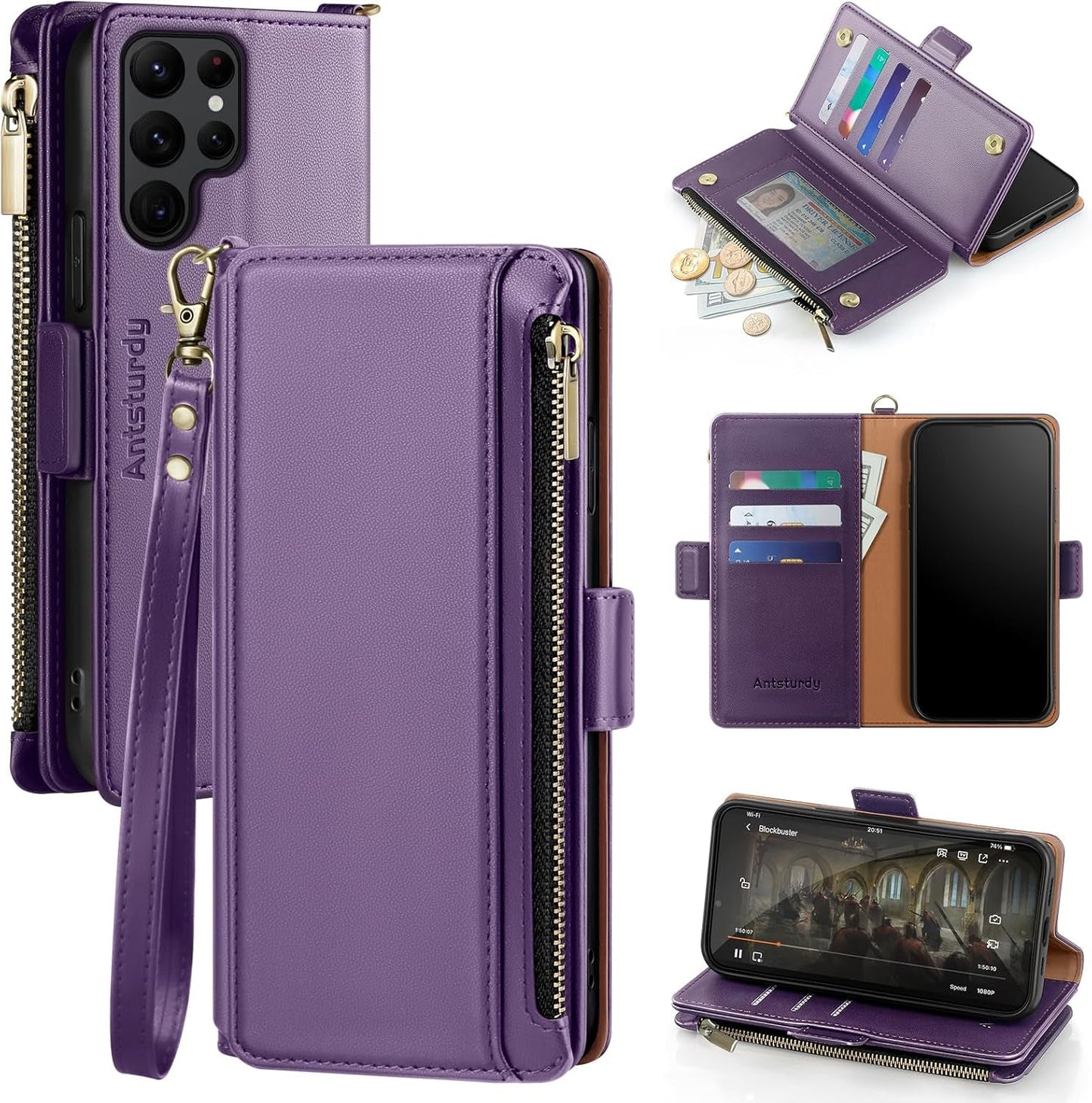 Antsturdy Samsung Galaxy S22 Ultra Wallet with Card Holder for Women Men,Galaxy S22 Ultra 5G Phone Case RFID Blocking PU Leather Flip Shockproof Cover with Strap Zipper Credit Card Slots,Dark Blue