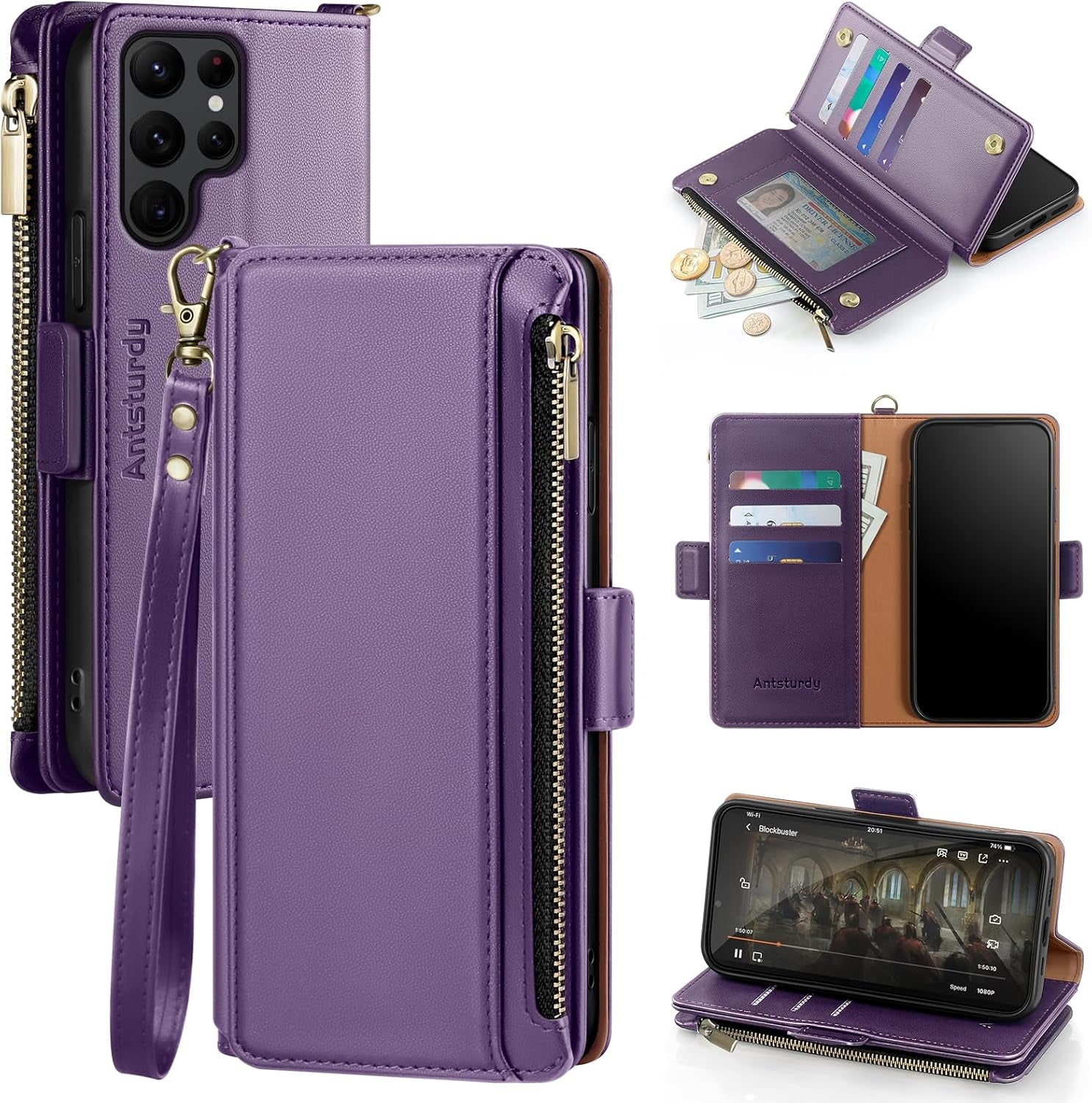 Antsturdy Samsung Galaxy S22 Ultra Wallet with Card Holder for Women Men,Galaxy S22 Ultra 5G Phone Case RFID Blocking PU Leather Flip Shockproof Cover with Strap Zipper Credit Card Slots,Dark Blue