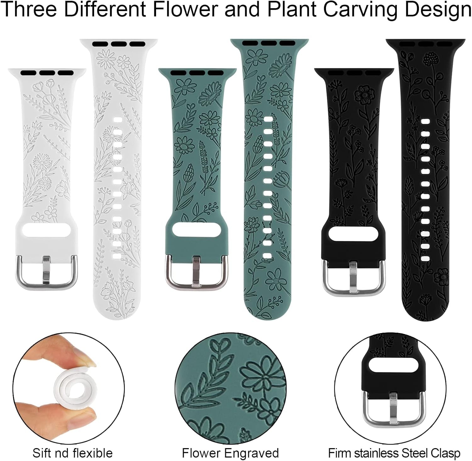 Floral Engraved Sport Bands Compatible with Apple Watch Band 38Mm 40Mm 41Mm, Women Cute Flower Pattern Soft Silicone Strap Smartwatch Wristband Accessories for Iwatch Series 8 7 6 5 4 3 2 1 SE
