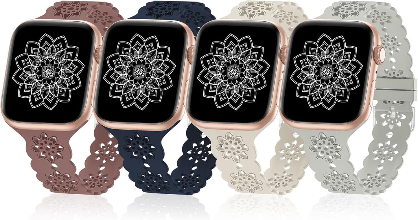 4 Pack Slim Silicone Bands Compatible with Apple Watch Band 40Mm 38Mm 41Mm 44Mm 45Mm 42Mm 49Mm Women Men, Lace Breathable Sport Strap for Iwatch Bands SE Series 9/8/7/6/5/4/3/2/1 Ultra 2/1