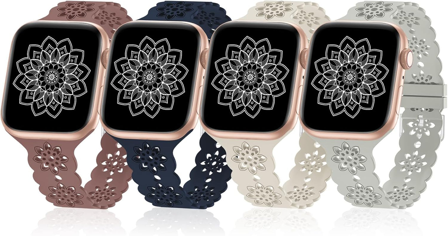 4 Pack Slim Silicone Bands Compatible with Apple Watch Band 40Mm 38Mm 41Mm 44Mm 45Mm 42Mm 49Mm Women Men, Lace Breathable Sport Strap for Iwatch Bands SE Series 9/8/7/6/5/4/3/2/1 Ultra 2/1
