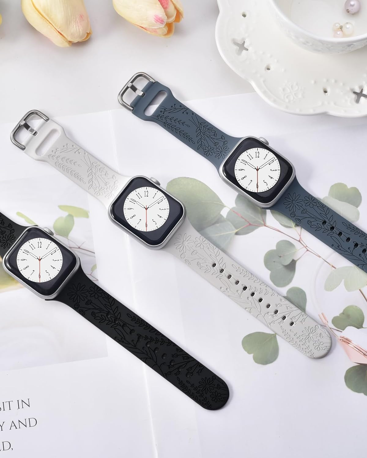 3 Pack Wildflower Engraved Bands Compatible with Apple Watch Band 40Mm 38Mm 41Mm 44Mm 42Mm 45Mm 49Mm Women, Floral Soft Silicone Sport Strap for Iwatch Bands Series SE 9 8 7 6 5 4 3 2 1 Ultra