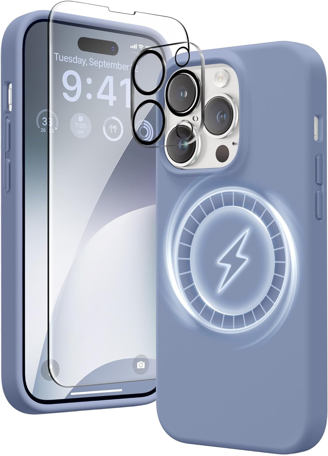 GONEZ for Iphone 14 Pro Max Case Silicone, Compatible with Magsafe, with 2X Screen Protector + 2X Camera Lens Protector, Liquid Silicone Shockproof Protective Iphone 14 Promax Case, Blue  GONEZ   