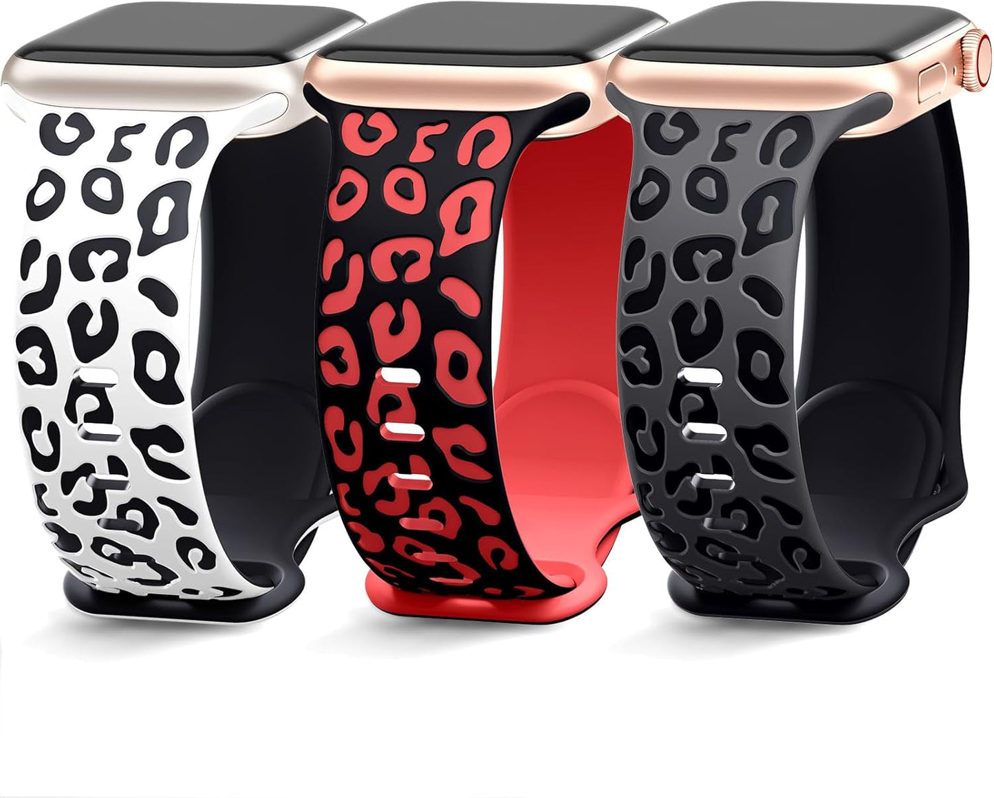 3 Pack Engraved Leopard Bands Compatible with Apple Watch Band 40Mm 41Mm 38Mm 45Mm 44Mm 42Mm 49Mm for Women Men,Cheetah Cute Sport Silicone Strap for Iwatch Series 9 Ultra/Ultra 2 SE 8 7 6 5 4 3 2 1