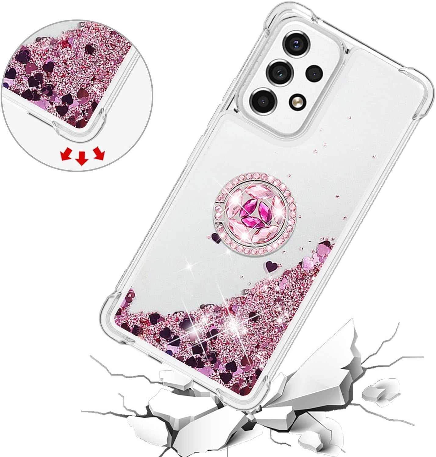 Ccsmall for Samsung Galaxy A53 5G Glitter Case with Ring Holder, Bling Sparkle Floating Liquid Soft TPU Cushion Fashion Girly Women Girls Clear Case Cover for Samsung Galaxy A53 5G LSZ Rose Gold