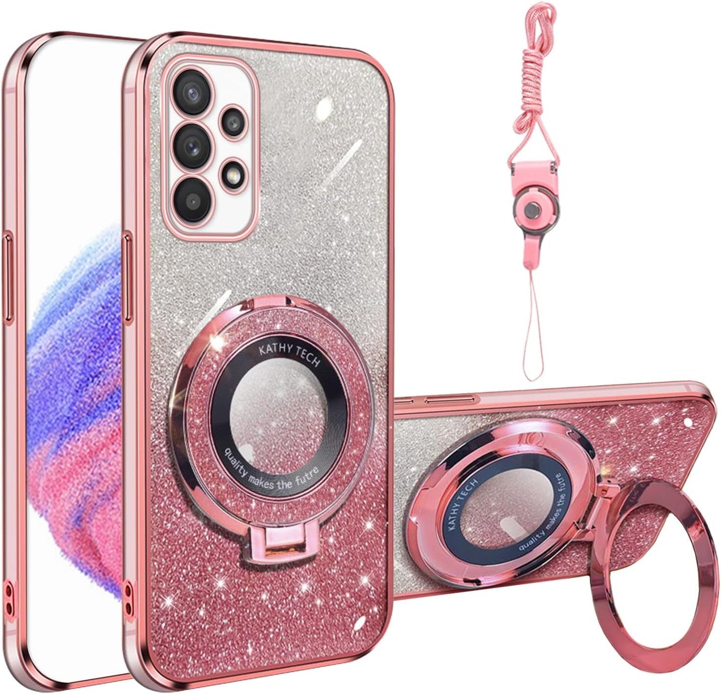 For Samsung Galaxy A53 Case, A53 5G Case Soft Tpu Luxury Plating Cute Bling Clear for Women Magnetic Shockproof with Ring Kickstand [Glitter Card & Wrist Strap] Protection Cover for A53 (Glitter Pink)
