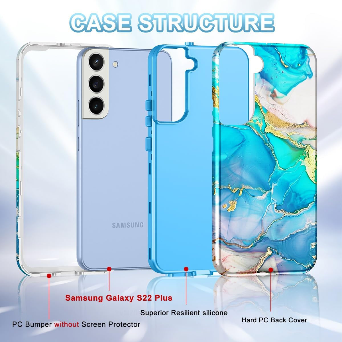 Btscase for Samsung Galaxy S22 plus Case, [Military Grade Drop Tested] Marble Pattern Design Slim Rugged Shockproof Women Girls Men Protective Anti-Scratch Cover for Galaxy S22 plus 5G, Cobalt Blue