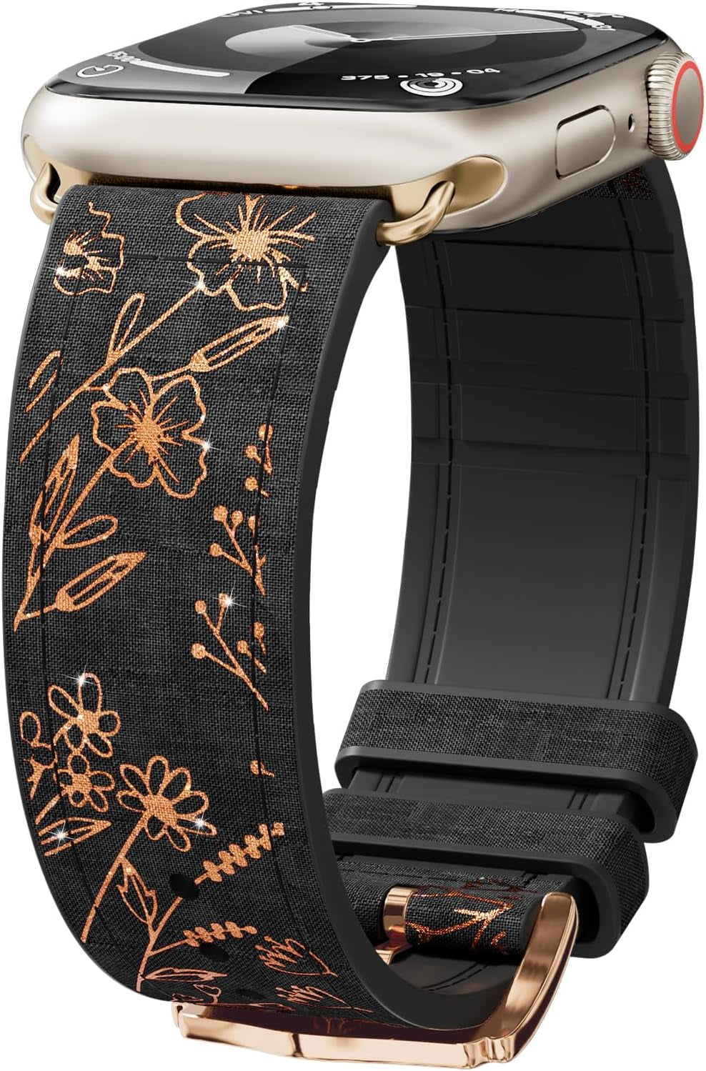 Bling Floral Bands for Apple Watch Band 40Mm 41Mm 44Mm 45Mm 38Mm 42Mm Ultra/2 49Mm Women,Eco-Leather Silicone Hybrid,Glitter Flower Sparkly Pattern Elegant Strap for Iwatch Series 9 8 7 6 5 4 3 2 SE